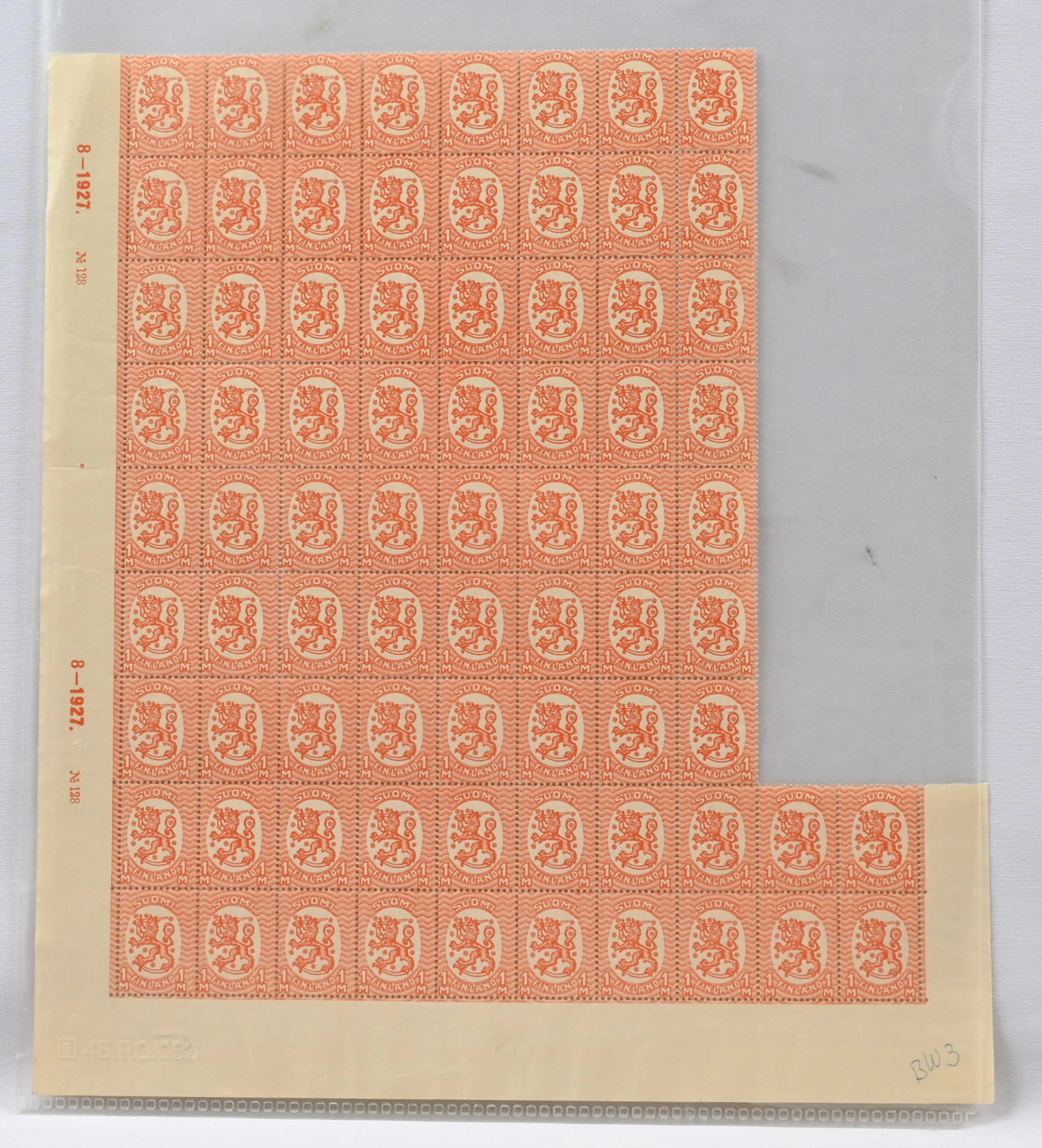 1 markka BW3 large sheet part of 76 very fine mint ** stamps (L. 130BW3a