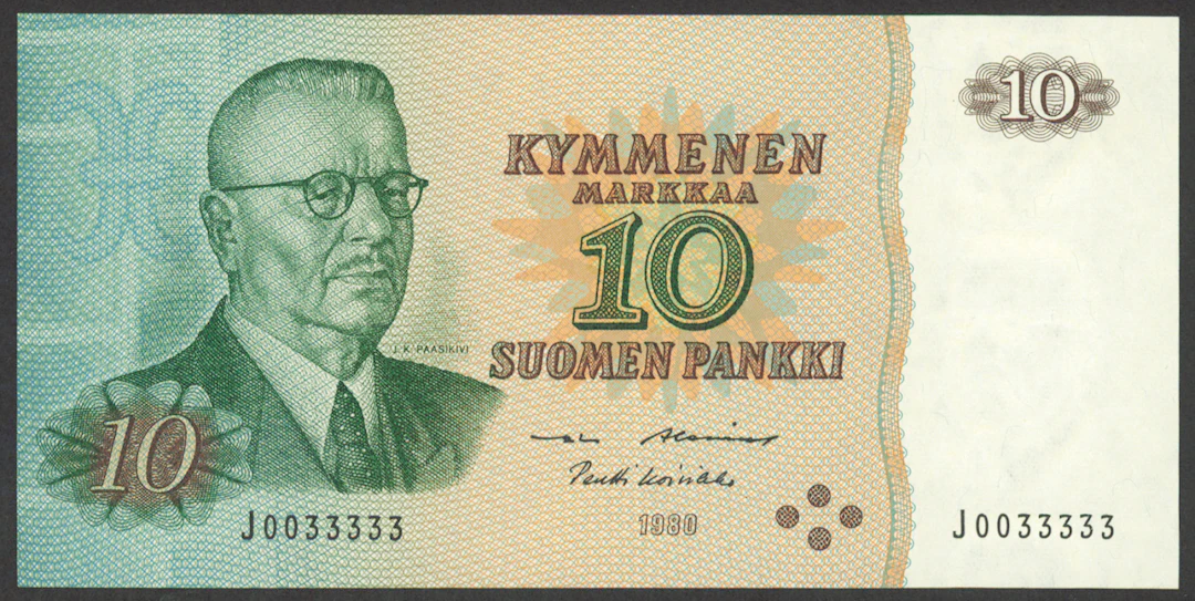 1980 10 markka serial number J0033333, condition 01