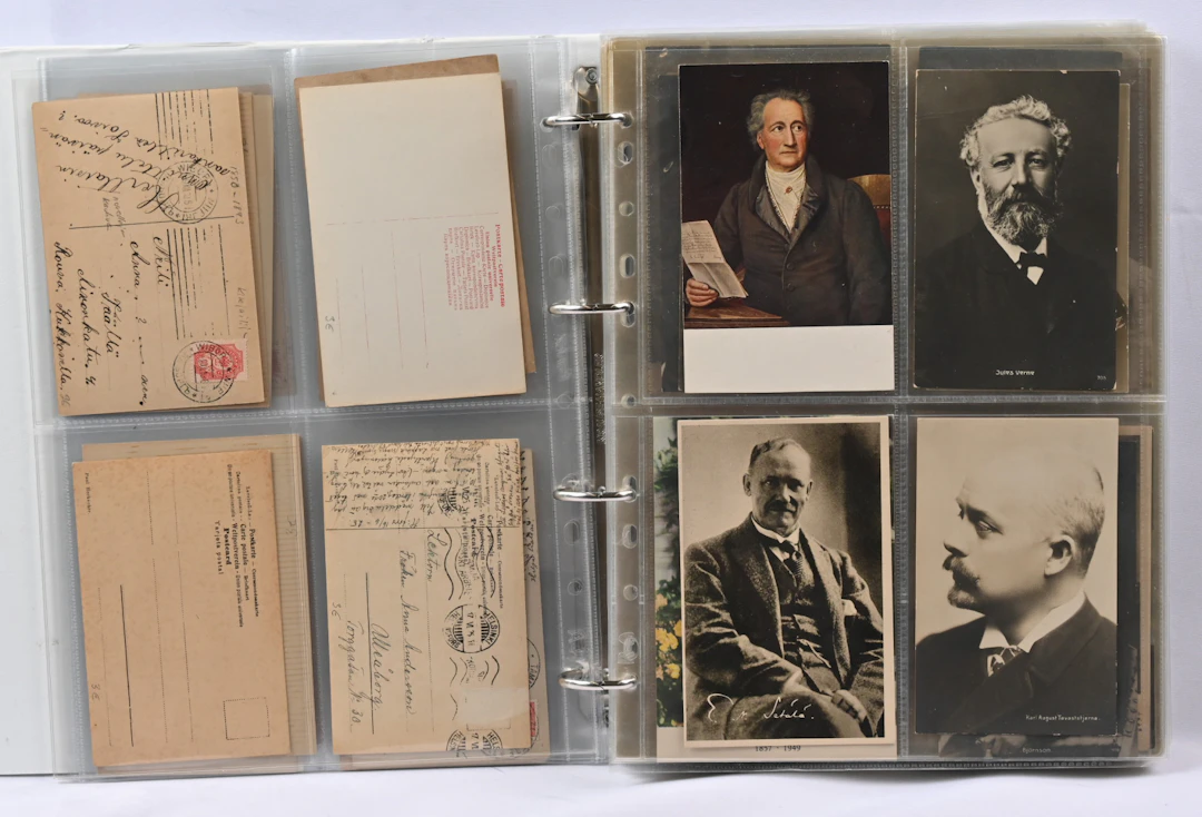 Famous persons, postcard collection in an album, approximately 220