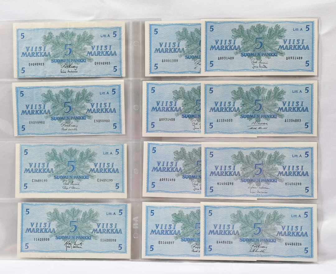 Banknote lot with fine condition. 1963 5 markka Litt.A. series A B
