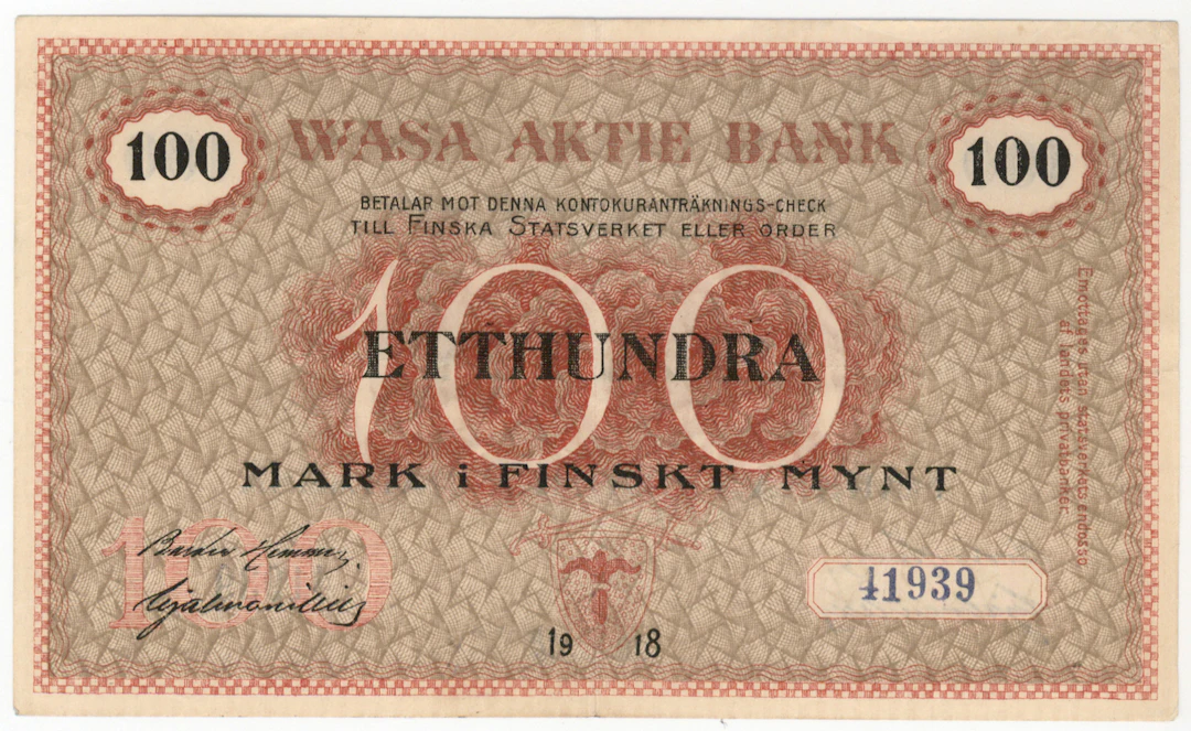 Vaasan Osake Pankki 1918 100 markka five serial numbers, condition 1