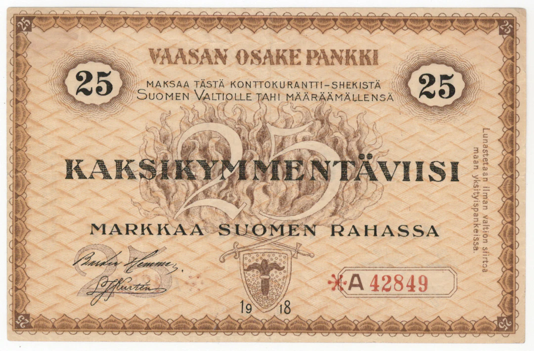 Vaasan Osake Pankki 1918 25 markka A star, condition 1
