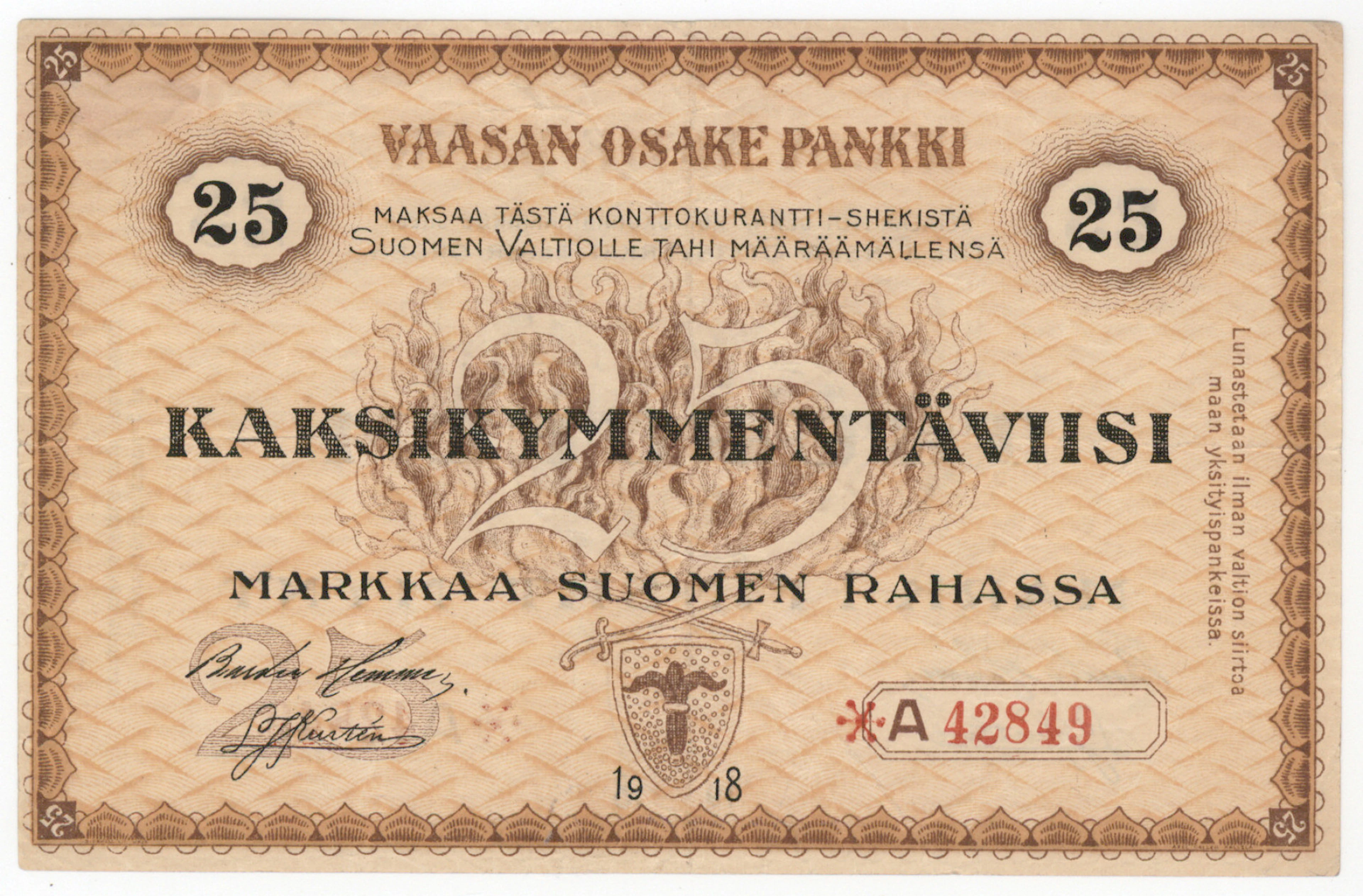 Vaasan Osake Pankki 1918 25 markka A star, condition 1