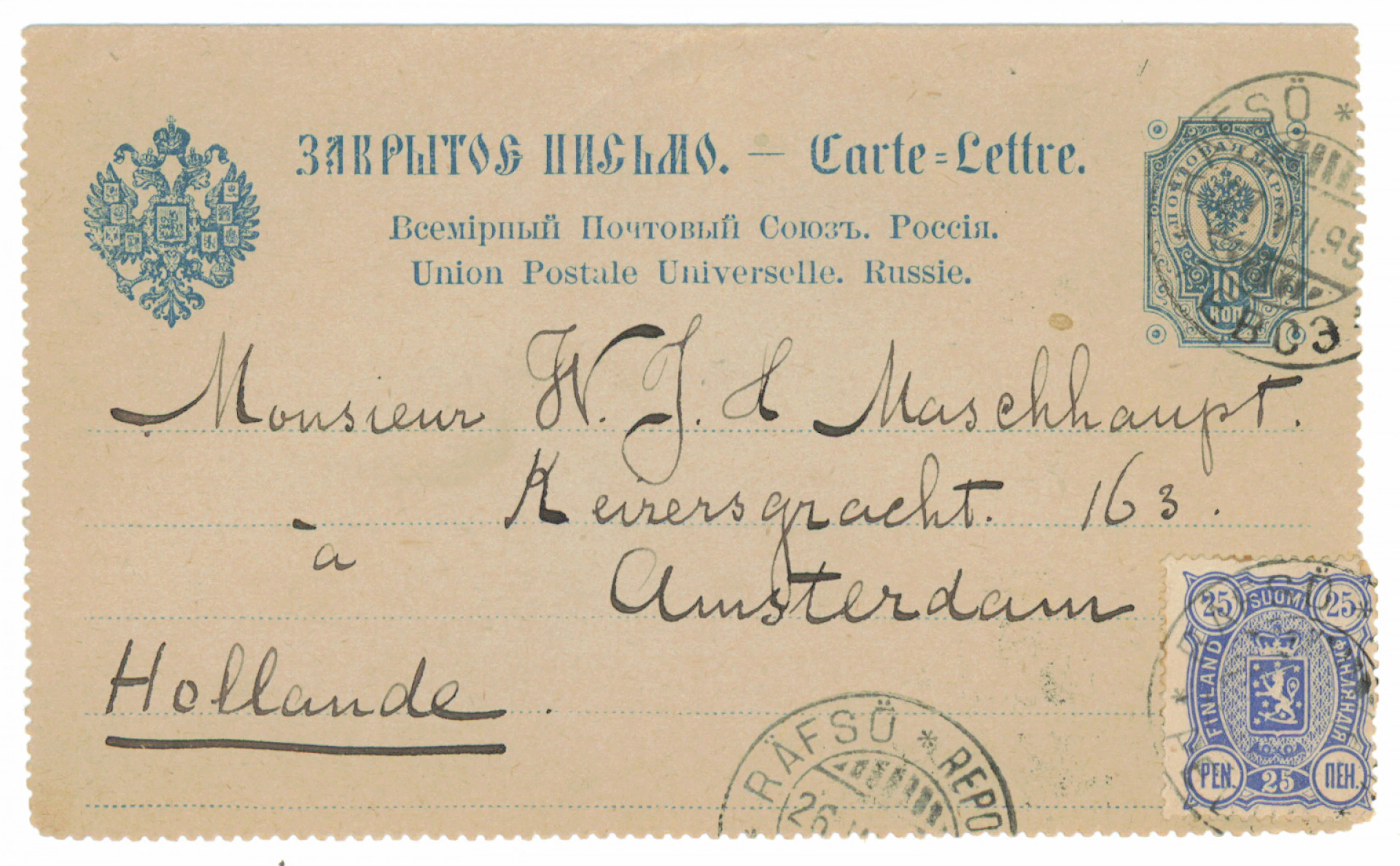 25 penni B on an issue 1891 10 kopek letter card to Netherlands, Reposaari