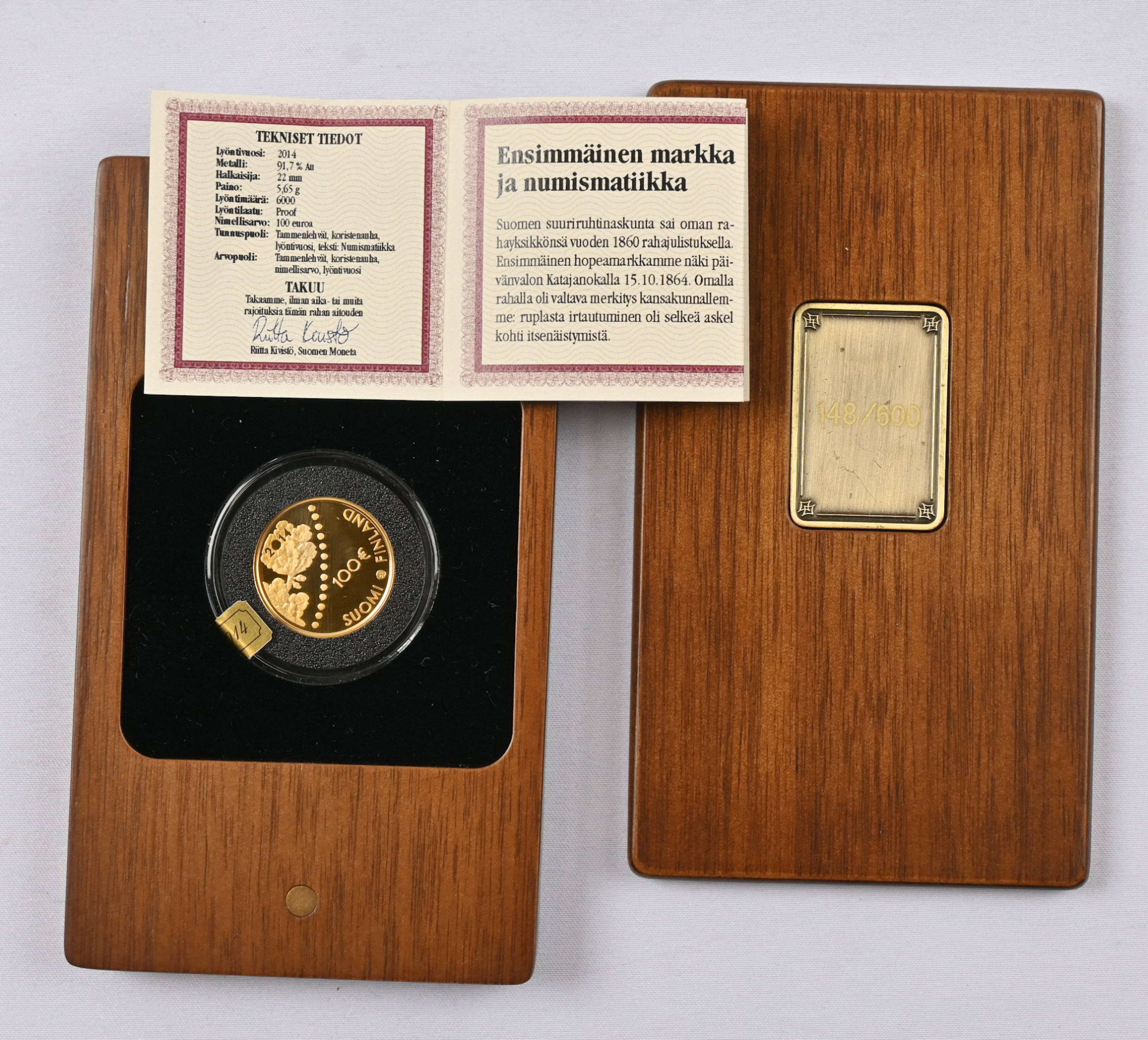 2014 100€ First markka and numismatic, gold, numbered coin in Moneta's