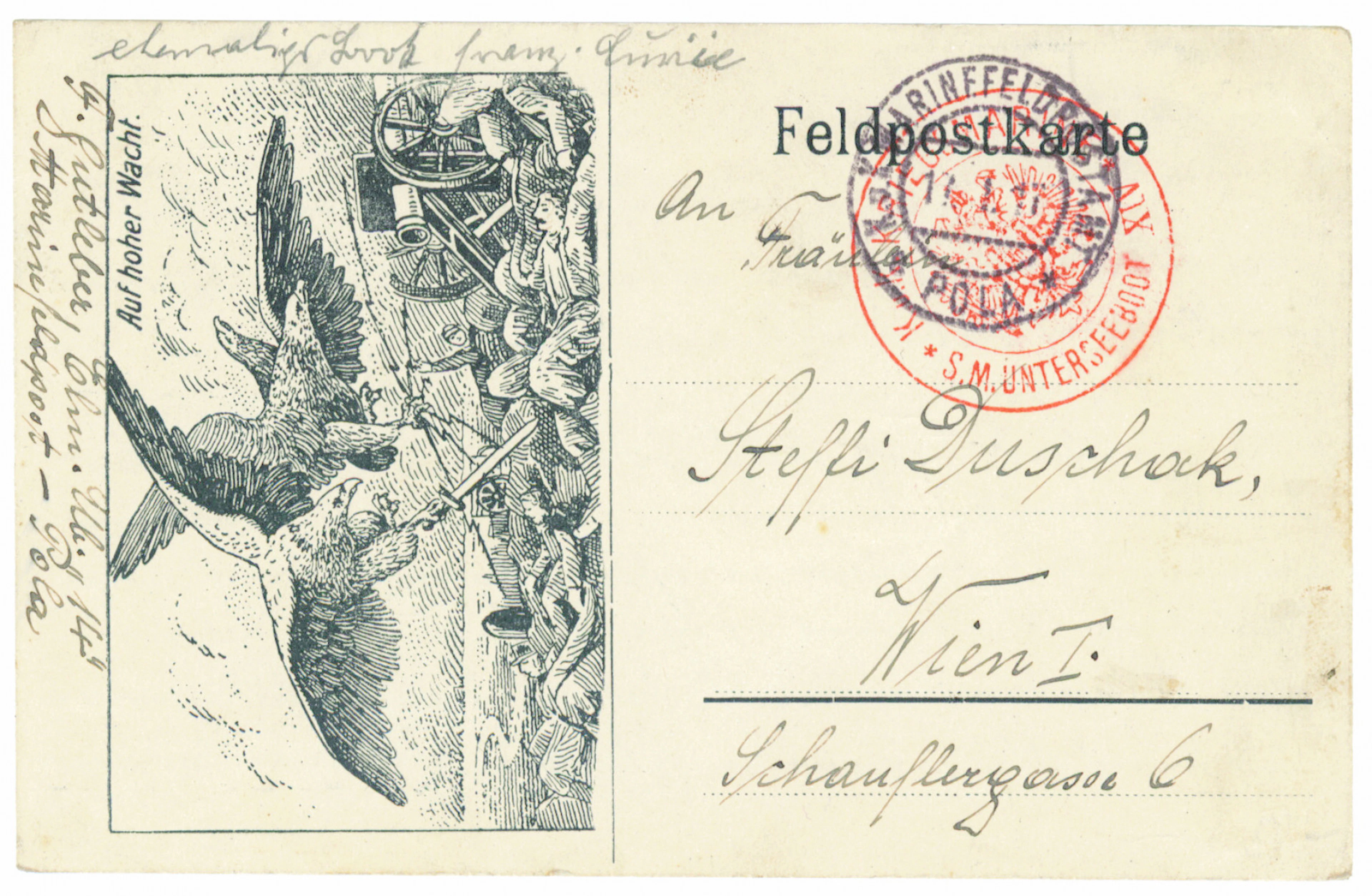 1917 fine field post postcard, on which a magnificent red submarine