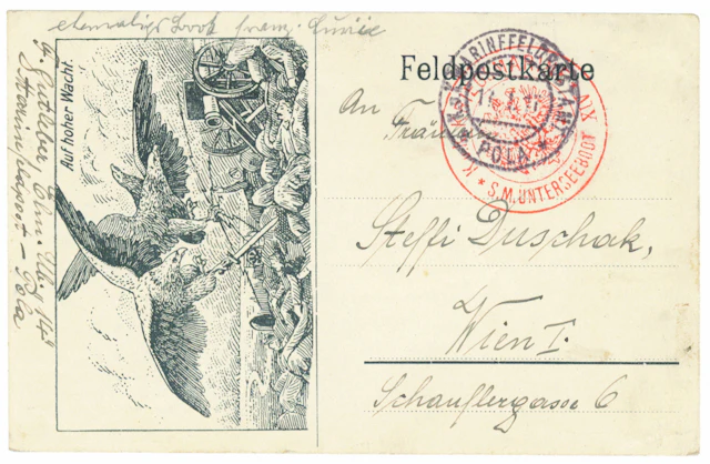 1917 fine field post postcard, on which a magnificent red submarine