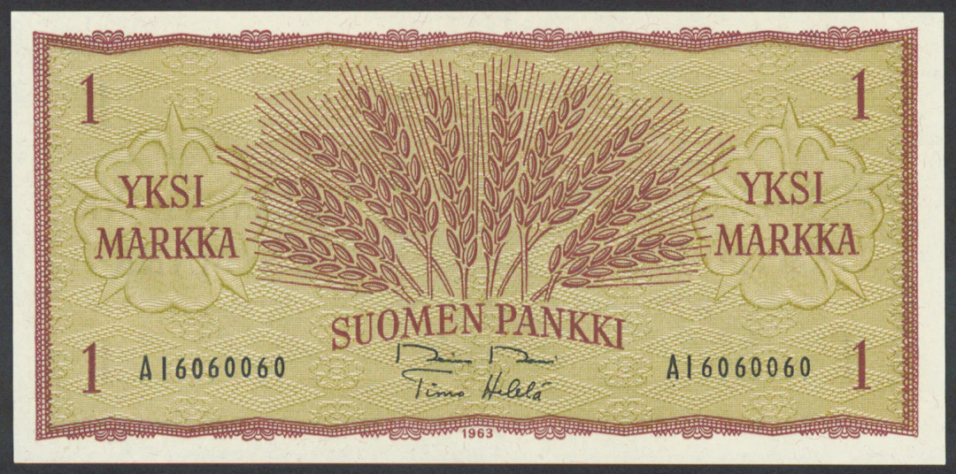 1963 1 markka serial number AI6060060, condition 0.