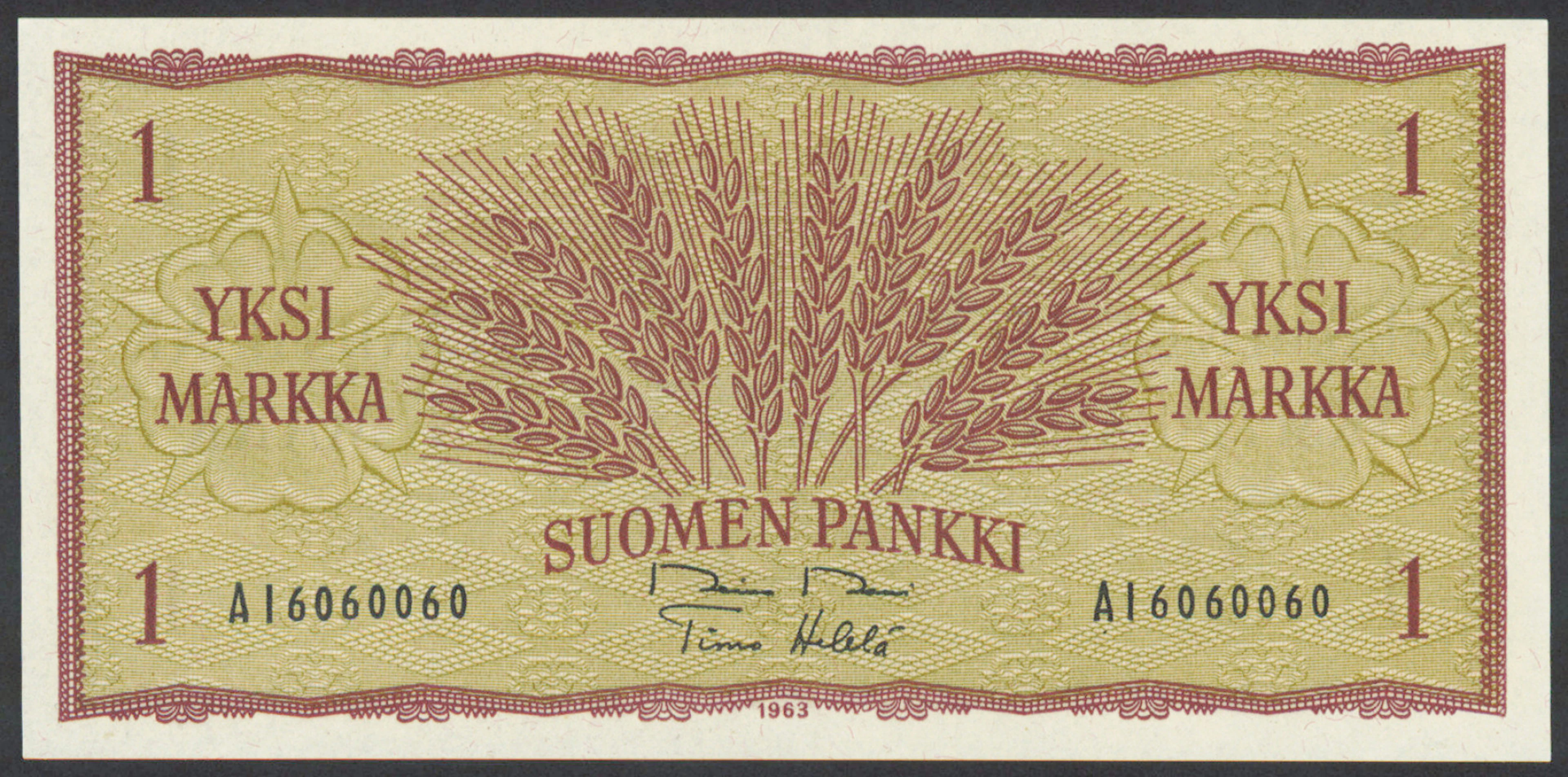 1963 1 markka serial number AI6060060, condition 0.
