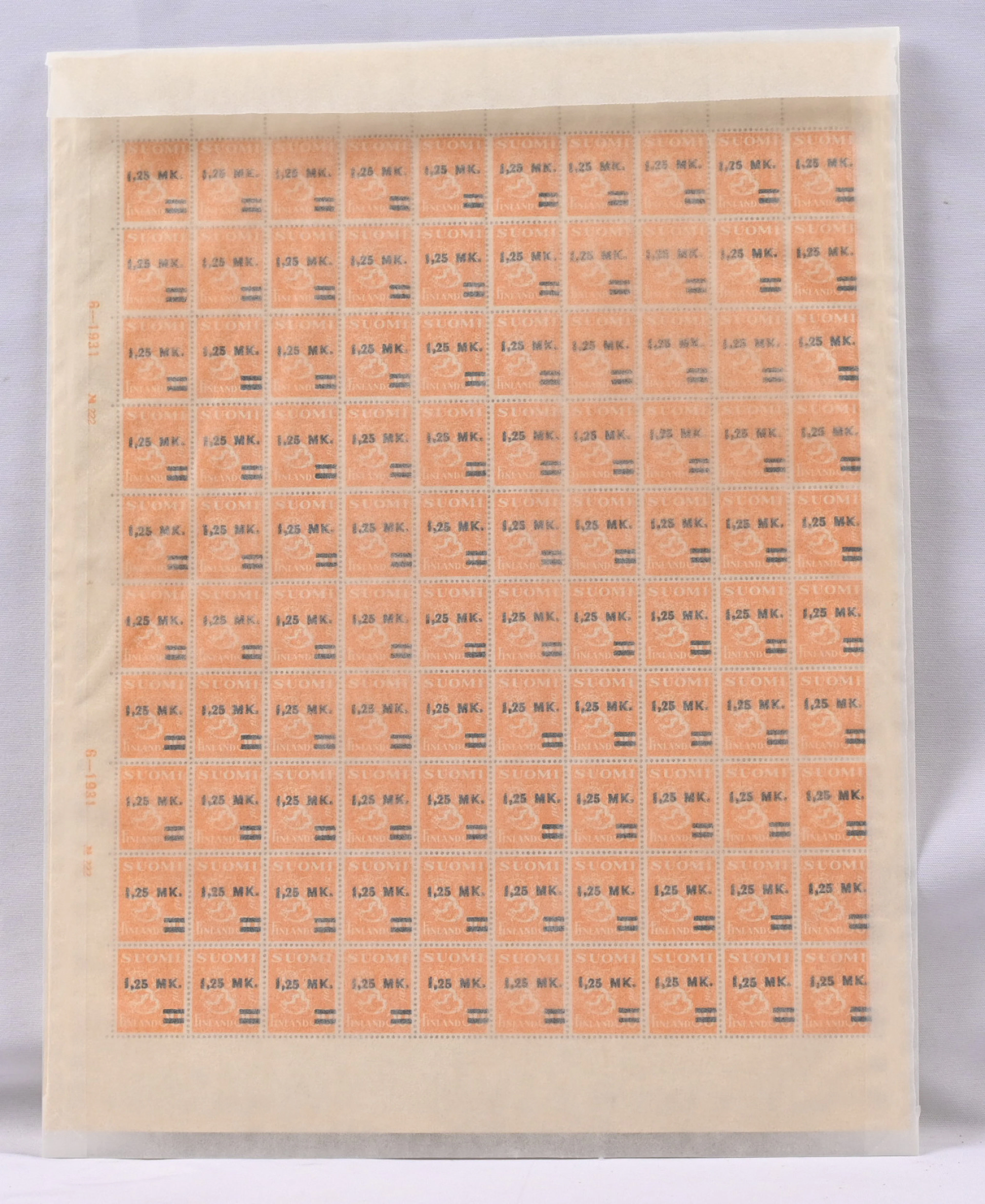 1931 1.25 markka / 50 penni type II, fine COMPLETE SHEET of 100 stamps