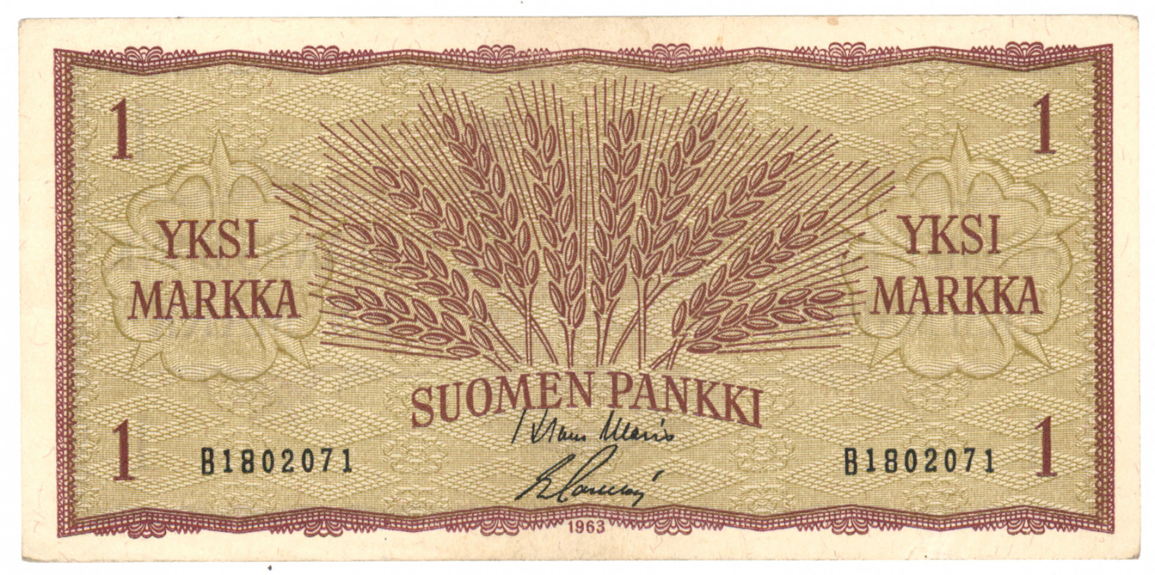 1963 1 markka signatures Klaus Waris and Eigil Sacklén, condition 01-1+.