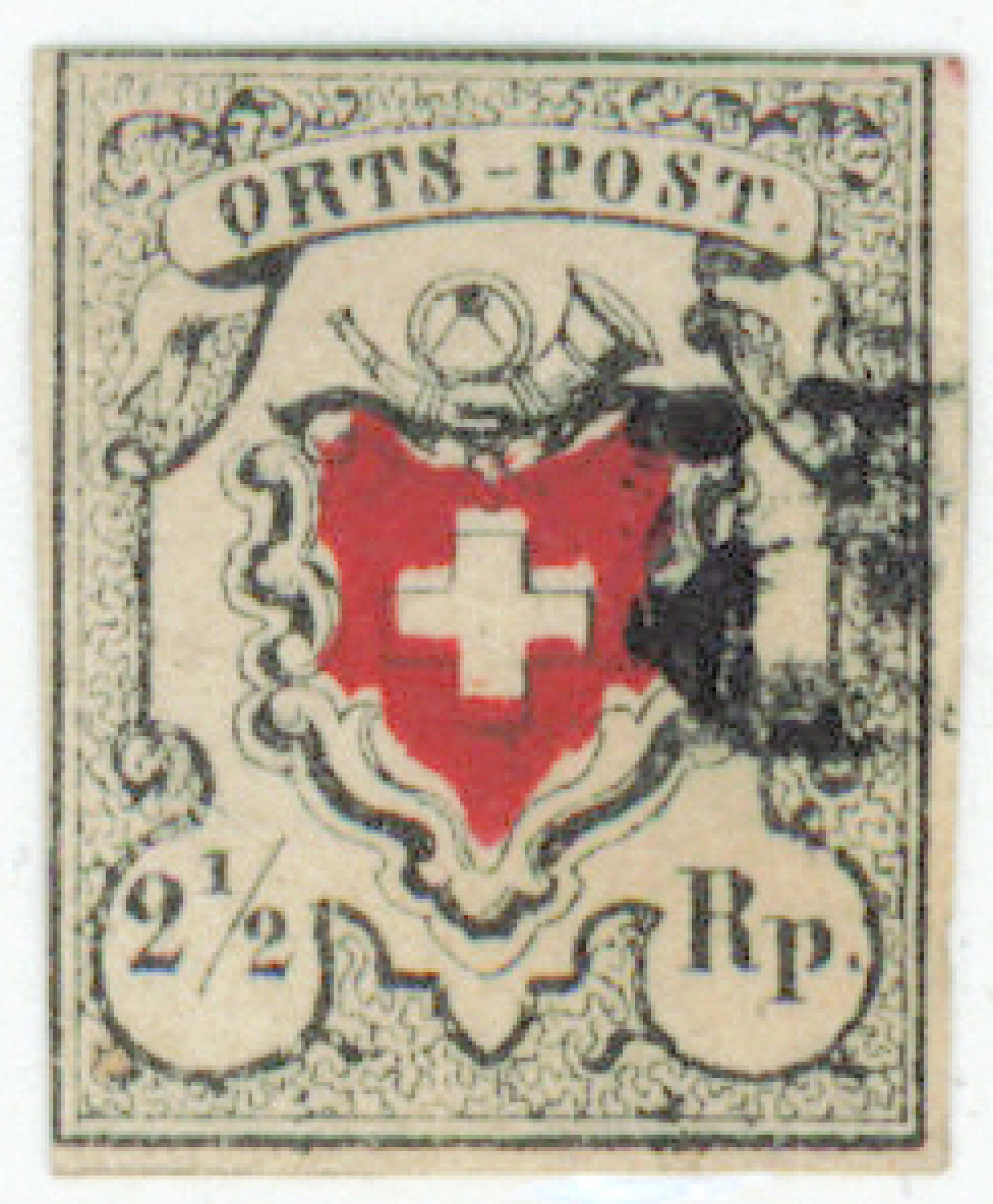 Ortspost 1850 2½ Rappen black/red Mi 5 I (Zumstein 13 I) cross with