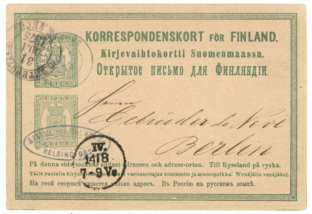 1875 8 + 8 penni beautiful card to Germany. Helsingfors 10.8.1875