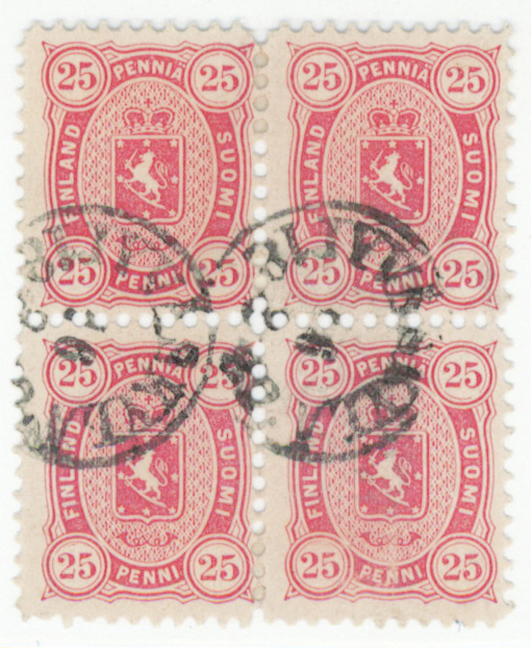 25 penni bright carmine, fine block of four Jyväskylä 26.8.1882. (L. 19SAe).
