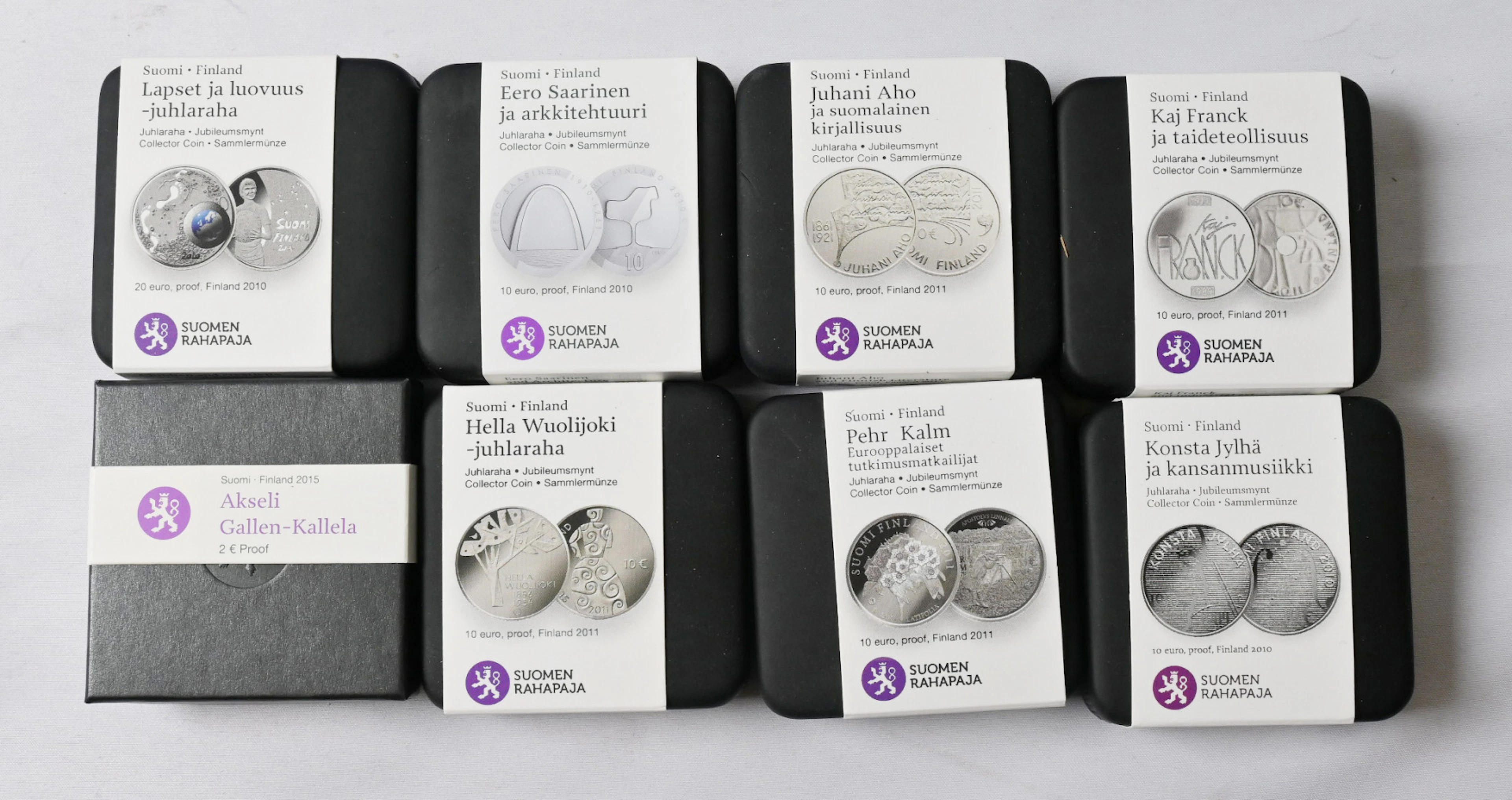 2010 - 2011 10€ and 20€ proof coins seven different + 2015 2€ Gallen-Kallela