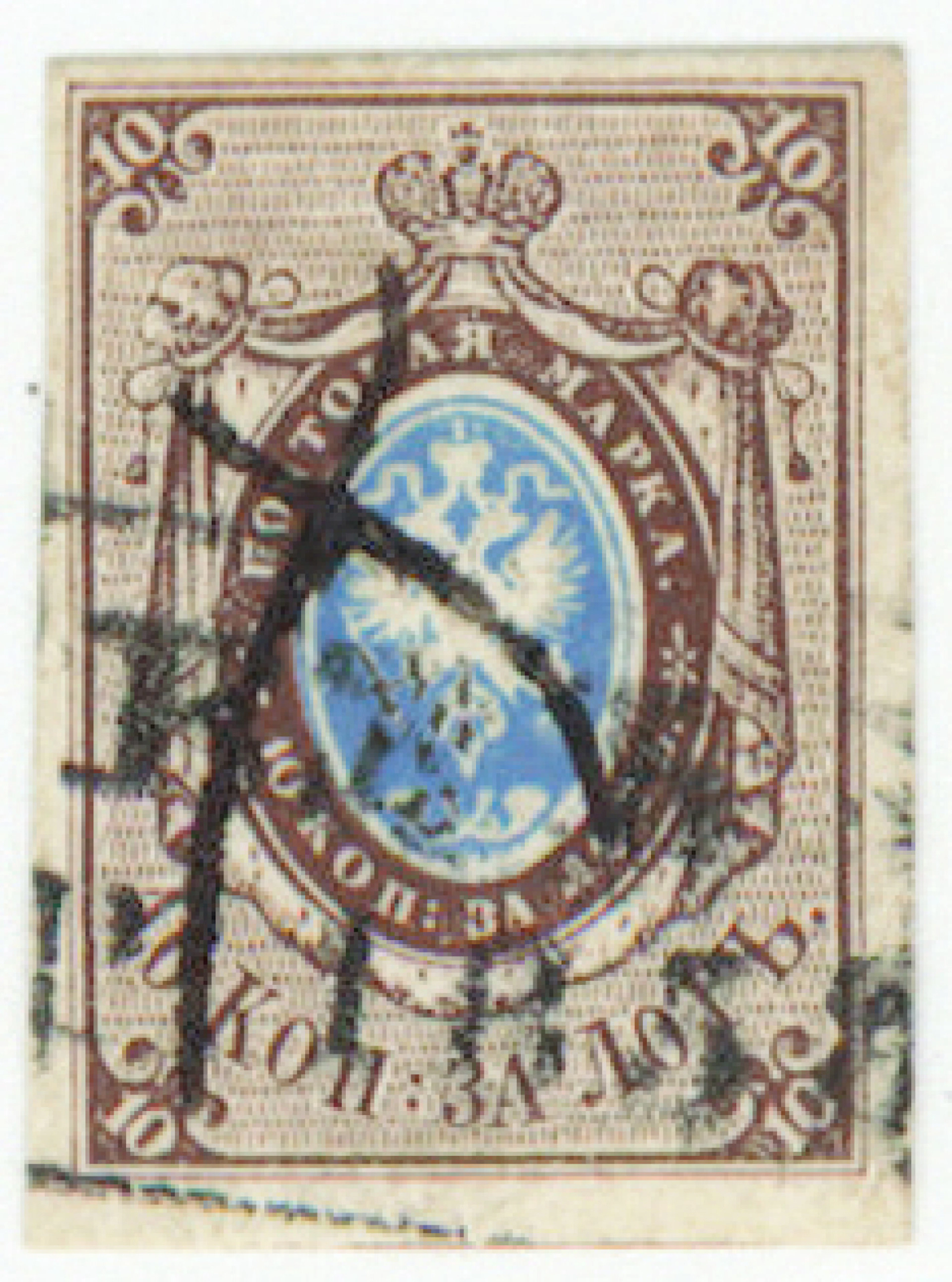 1857 10 kopek brown/blue Mi 1. Cancelled REVAL + ink cross. Precise