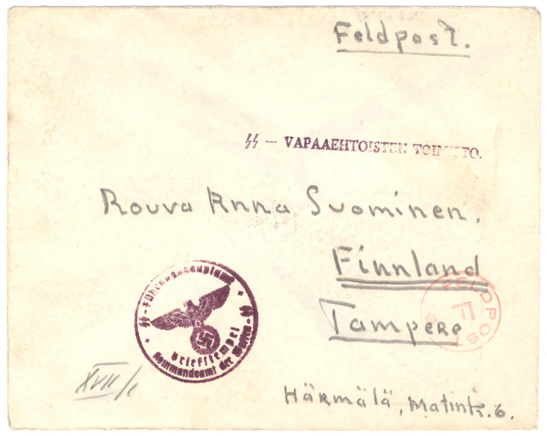 SS volunteer mail: SS - vapaaehtoisten toimisto postmark on a cover