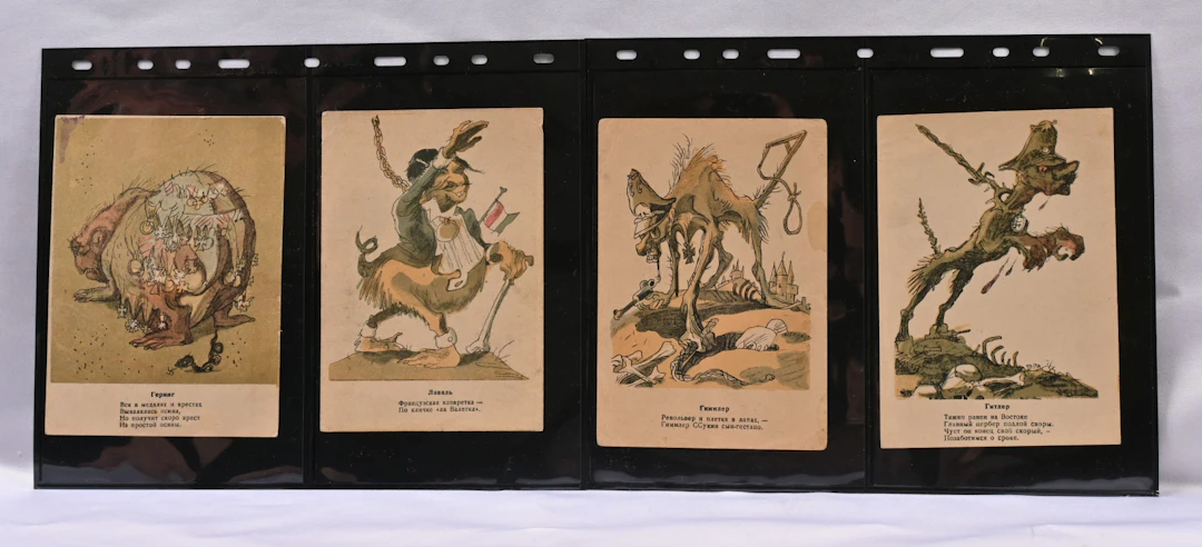 Russia, seven different WWII era propaganda cards, where caricatures