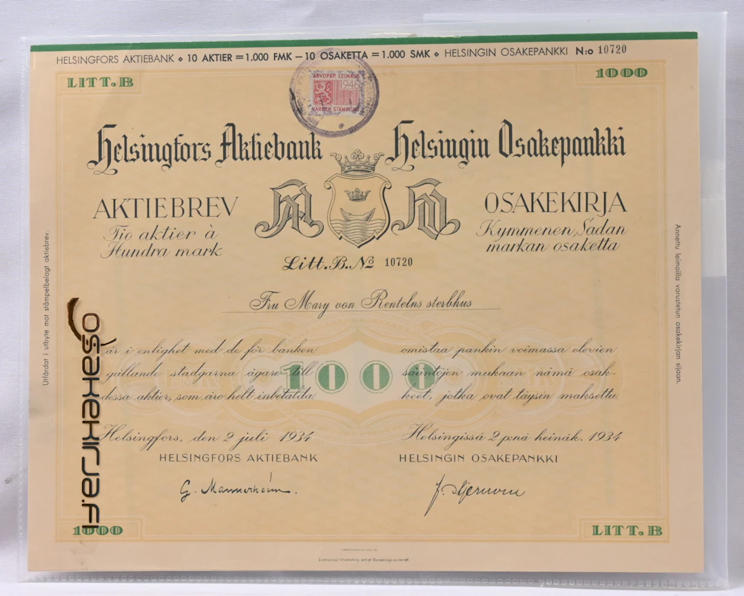 Mannerheim's signature on a Helsingfors Aktiebank - Helsingin Osakepankki