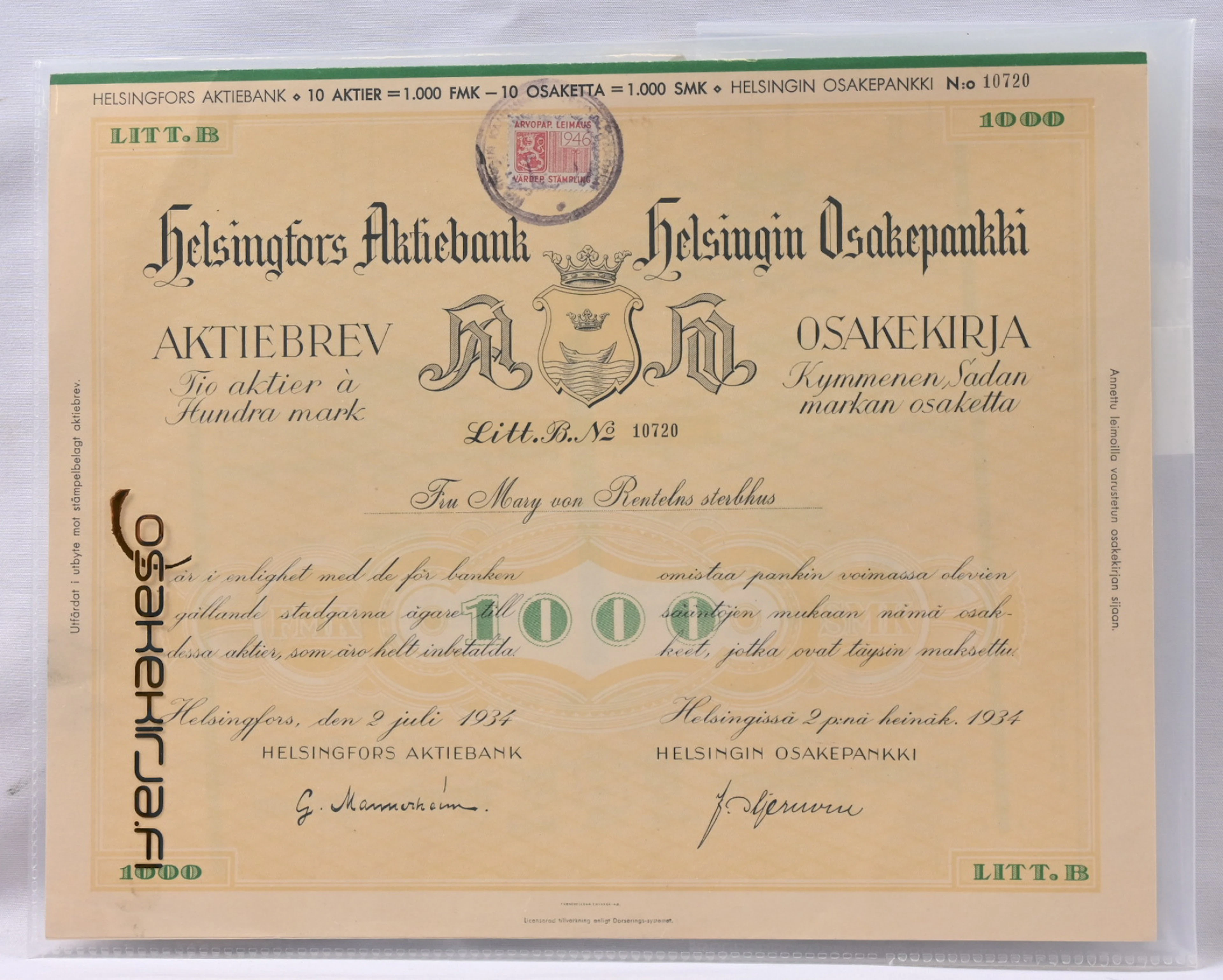 Mannerheim's signature on a Helsingfors Aktiebank - Helsingin Osakepankki