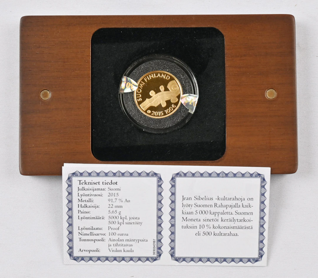 2015 100€ Jean Sibelius, gold, numbered coin in Moneta's fine package