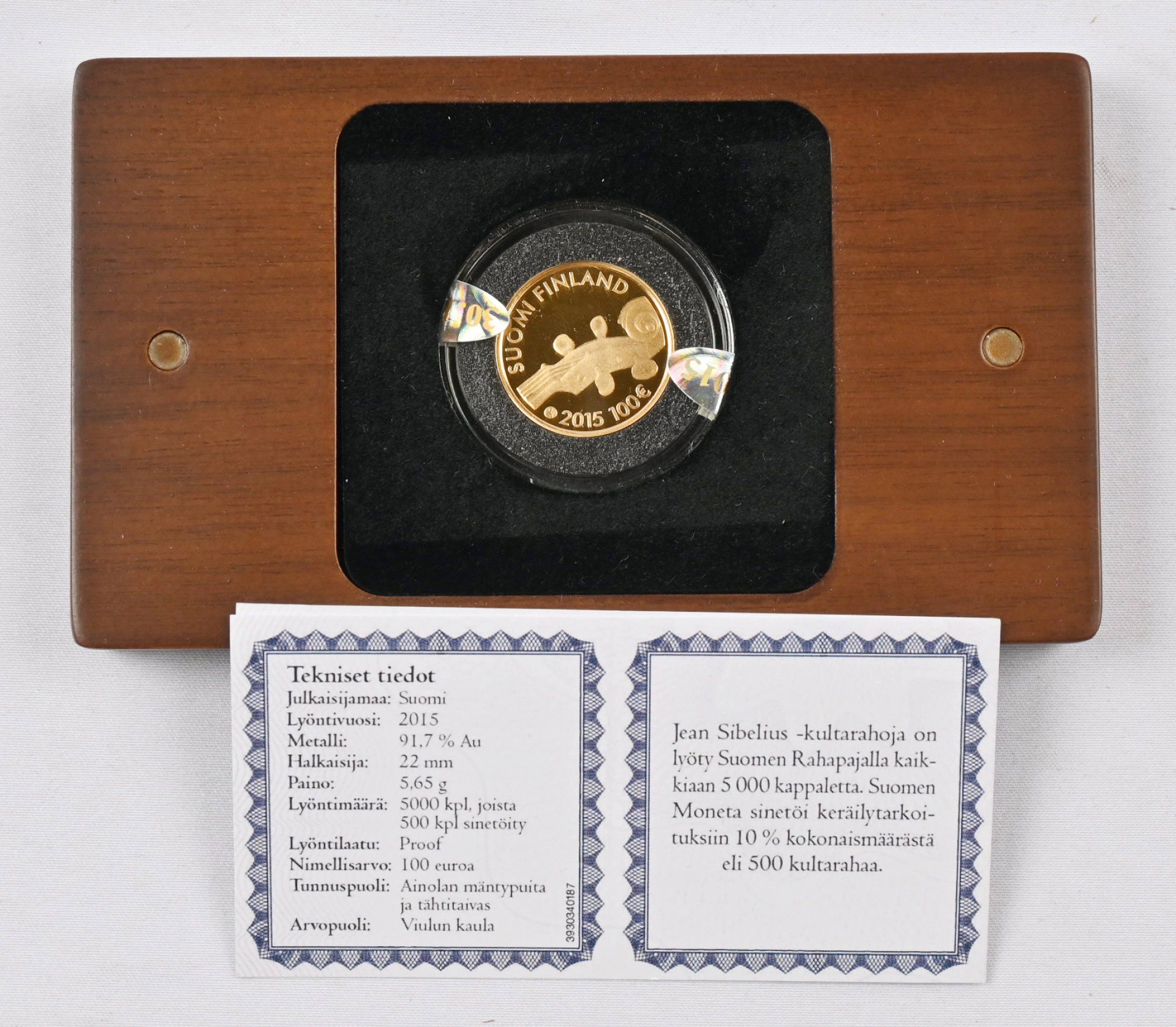 2015 100€ Jean Sibelius, gold, numbered coin in Moneta's fine package