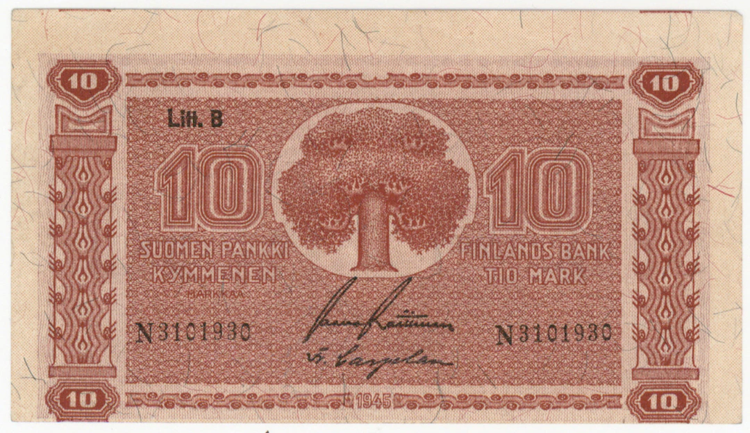 1945 10 markka Litt. B fine shift, variety! Condition 1