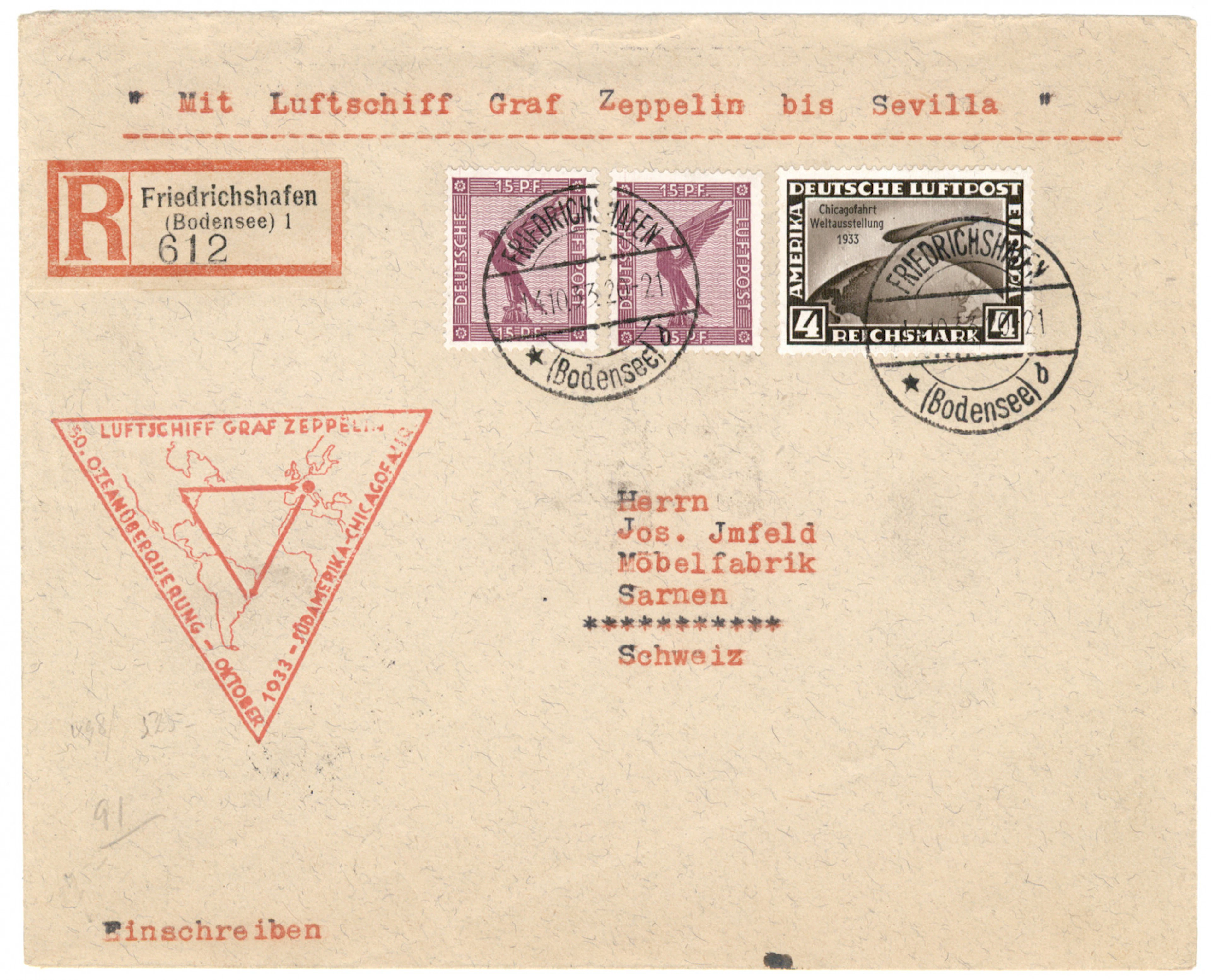 1933 Chicagofahrt 14.10.33 via Seville to Sarnen, franked with a 4