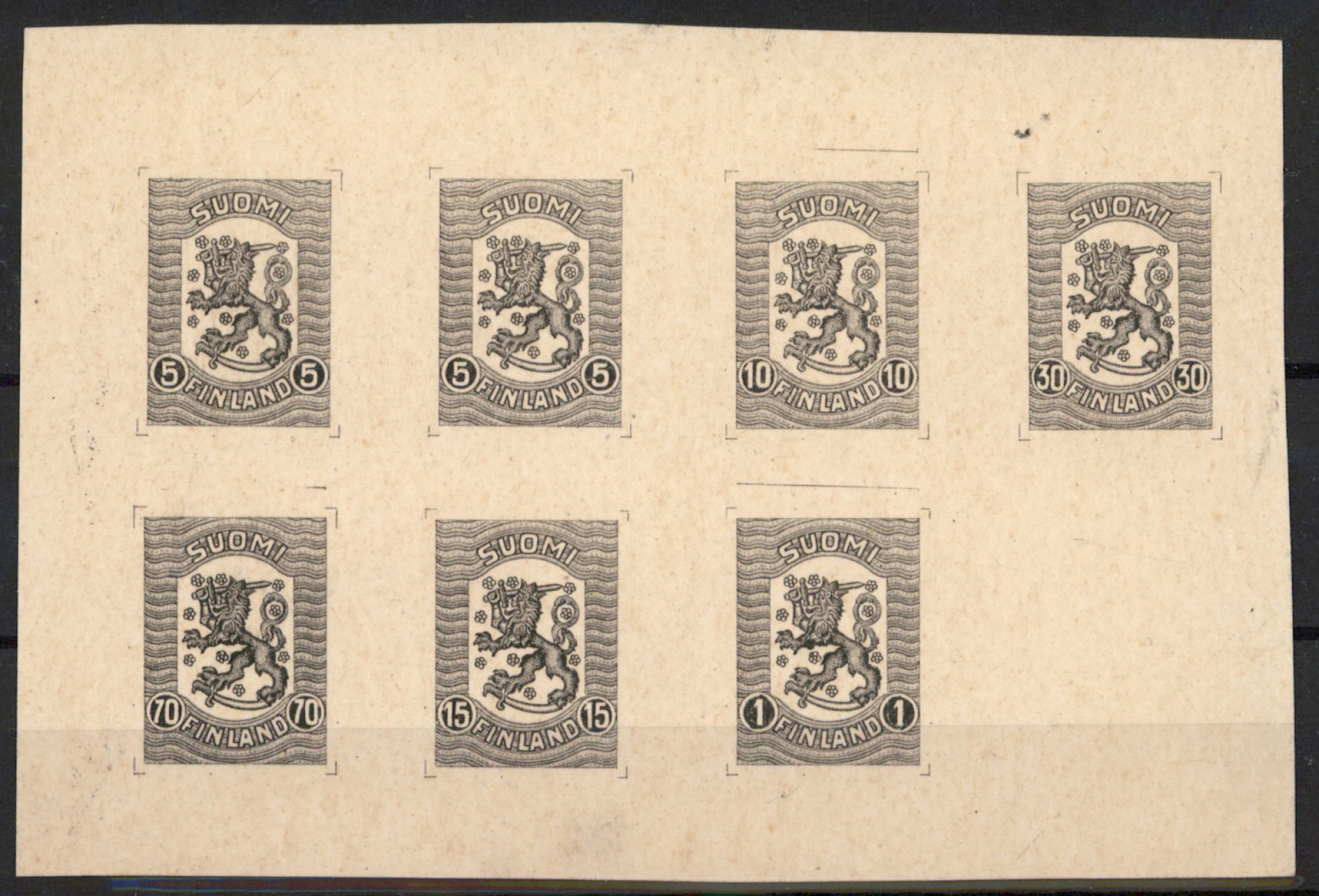 5 penni - 1 markka designs on a rare black print, printed on a 12.3