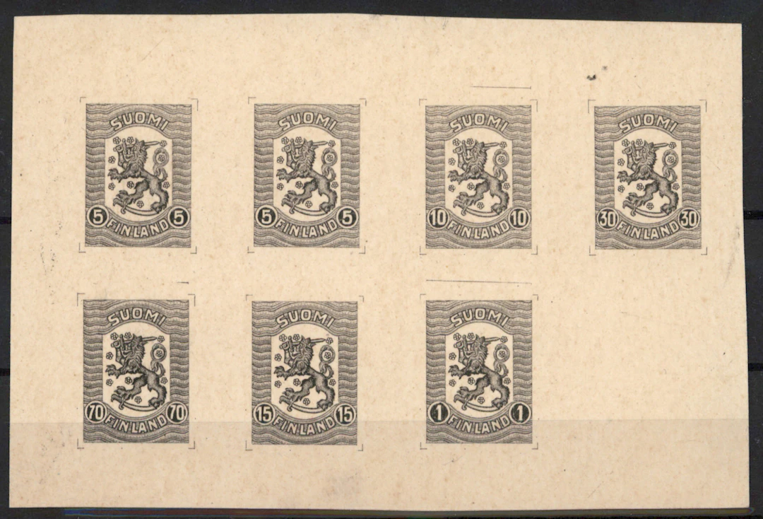 5 penni - 1 markka designs on a rare black print, printed on a 12.3