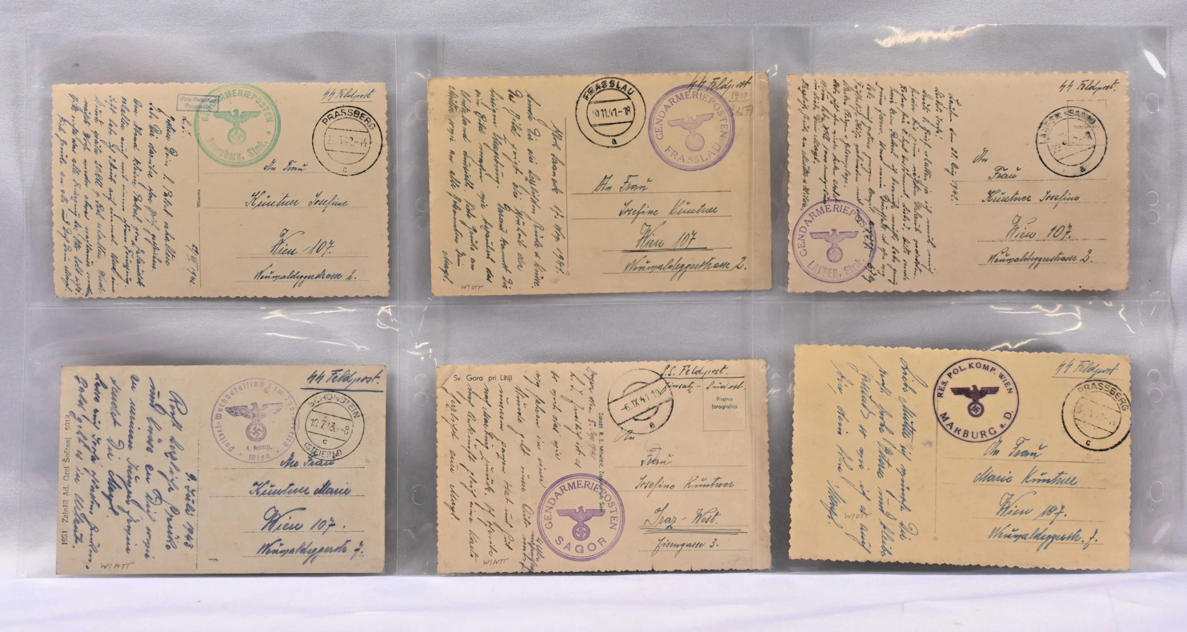 1941 - 1943 six fine SS field post postcards with fine cancellations.