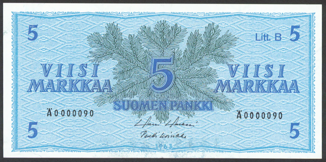 1963 5 markka Litt. B serial number Ä0000090, condition 01.