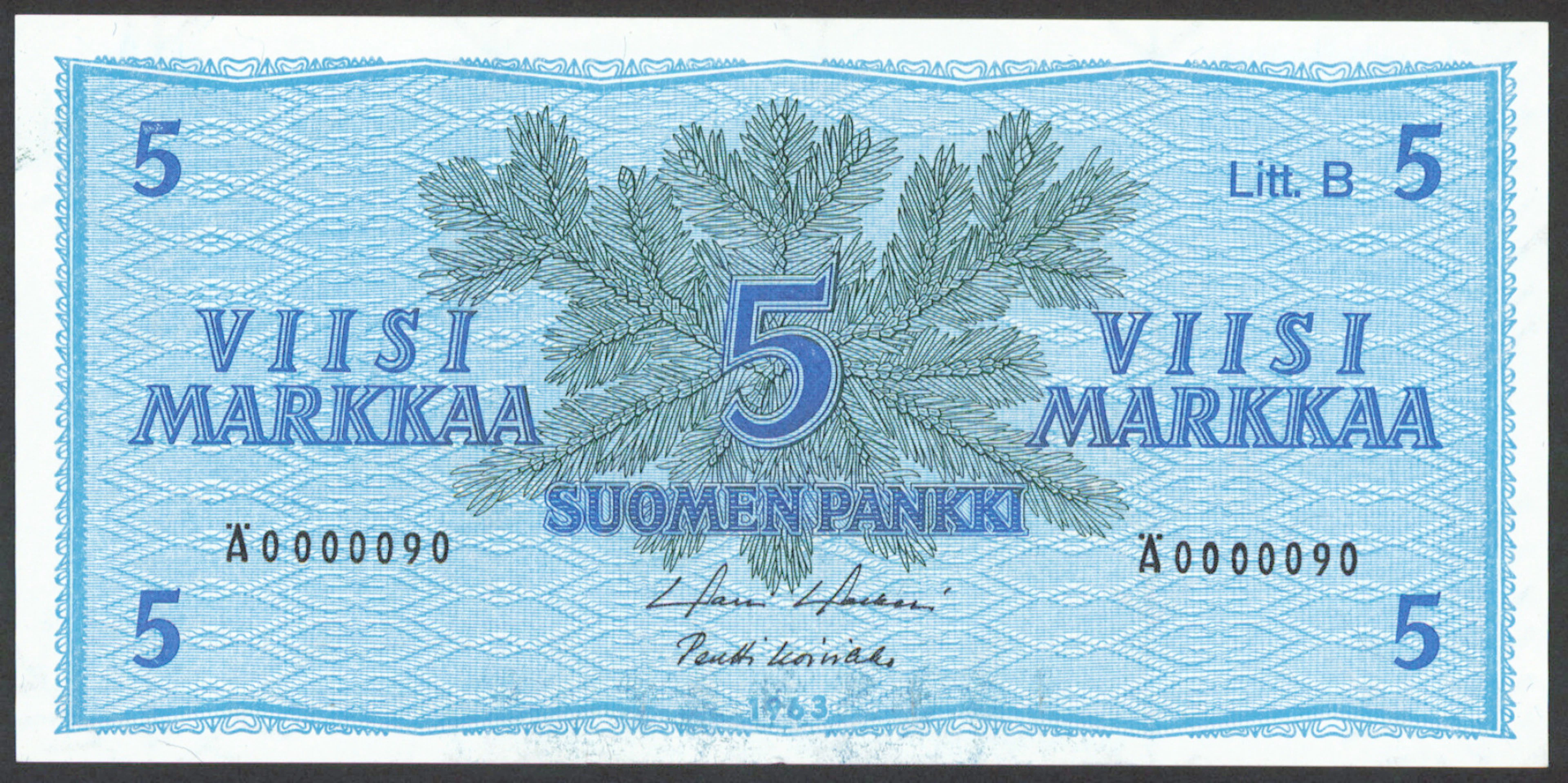 1963 5 markka Litt. B serial number Ä0000090, condition 01.