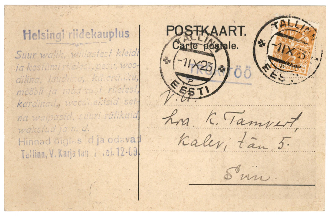 1923 Weaver ½ Mk orange Mi 32A, single franking on a Tallinn local