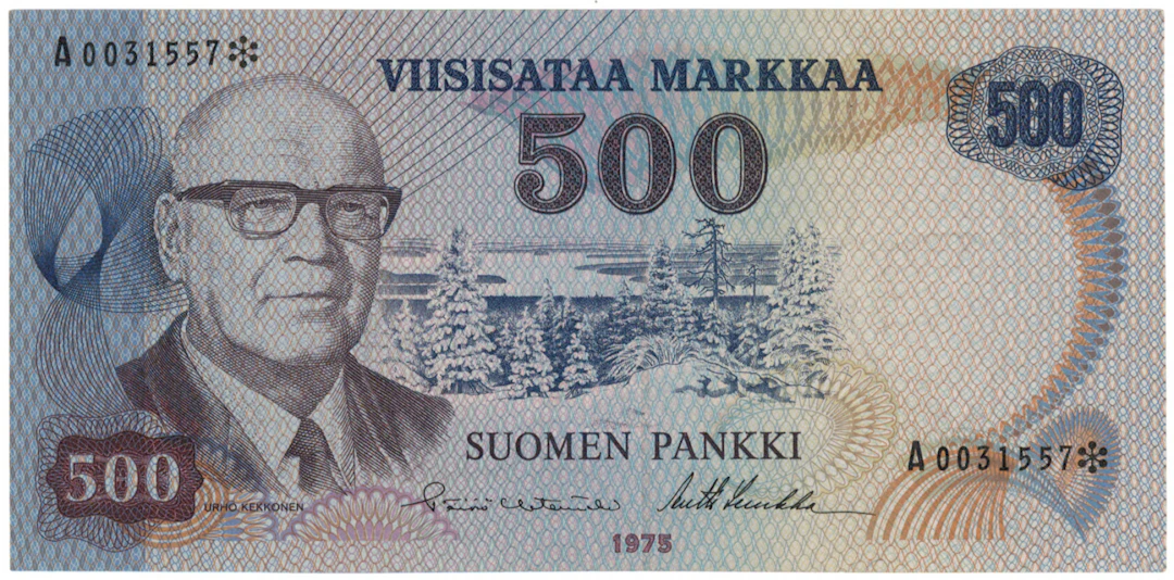 1975 500 markka yellow thread, star, condition 01-1+.