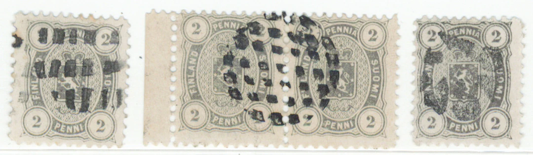 2 penni black-gray three fine stamps with figure cancellations: 216