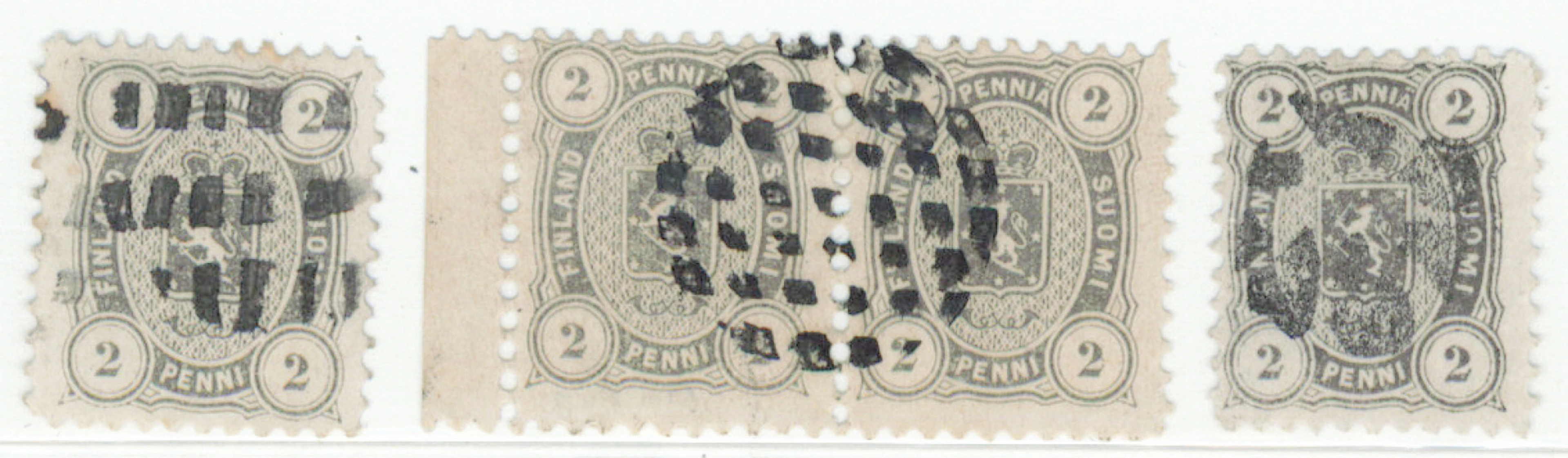 2 penni black-gray three fine stamps with figure cancellations: 216
