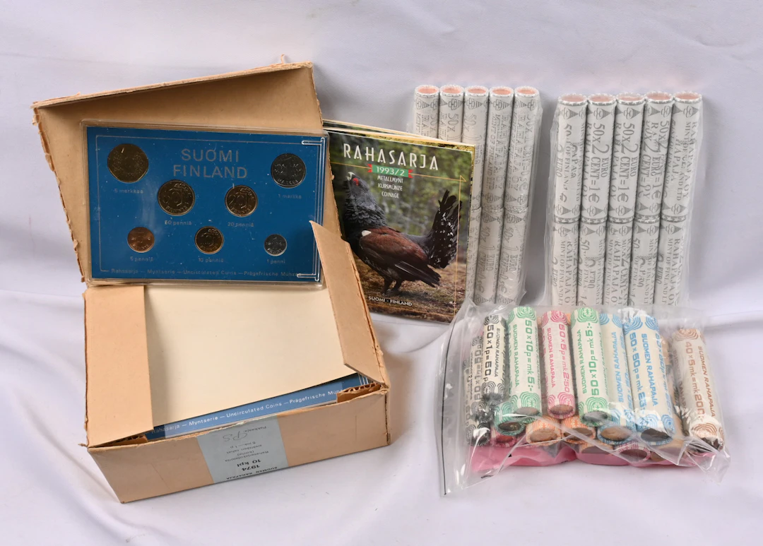 Mint rolls. 5 markka 1974; 1 markka 1969, 1983N; 50 penni 1975, 1977;