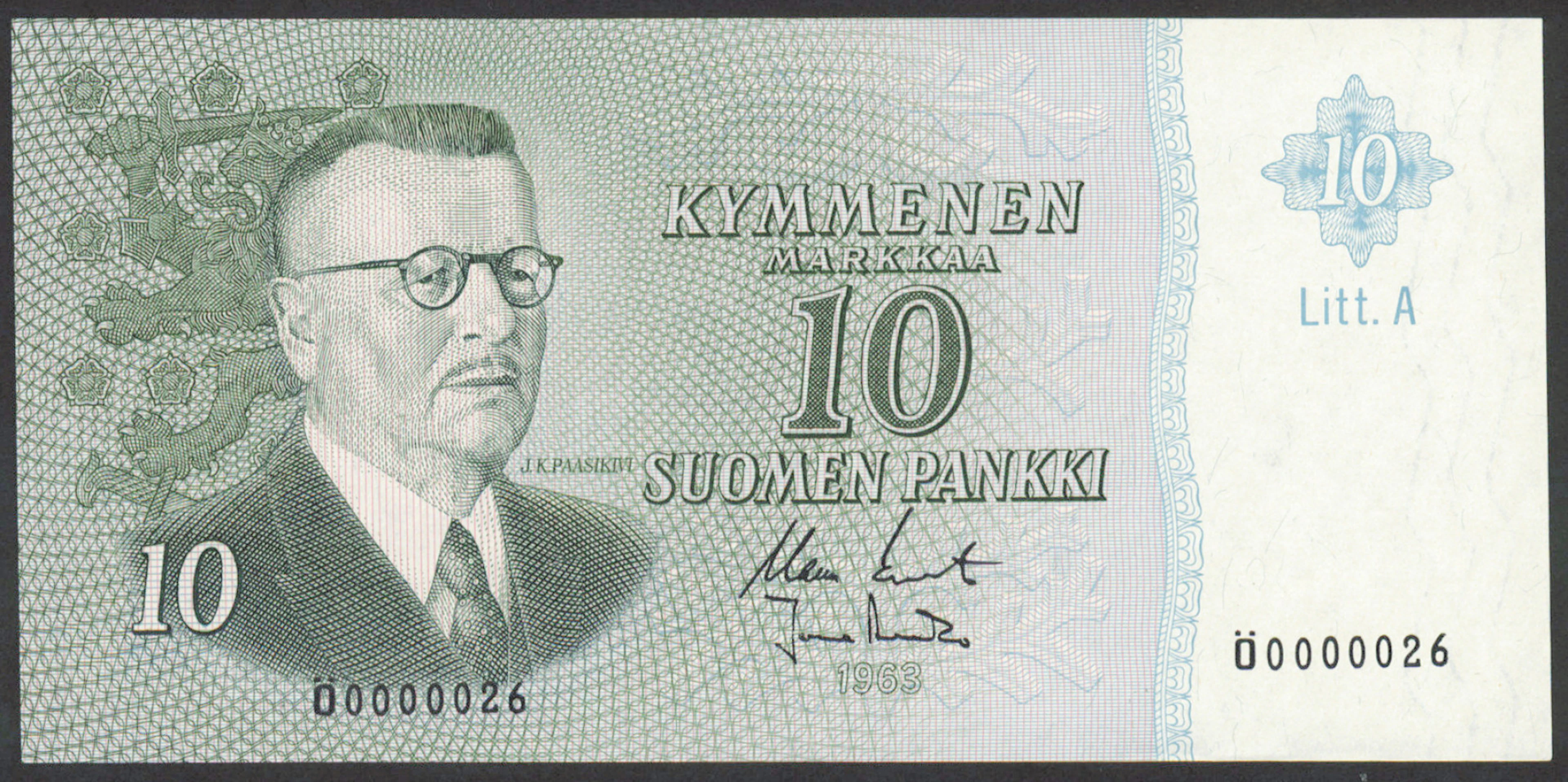 1963 10 markka Litt. A serial number Ö0000026, condition 0-