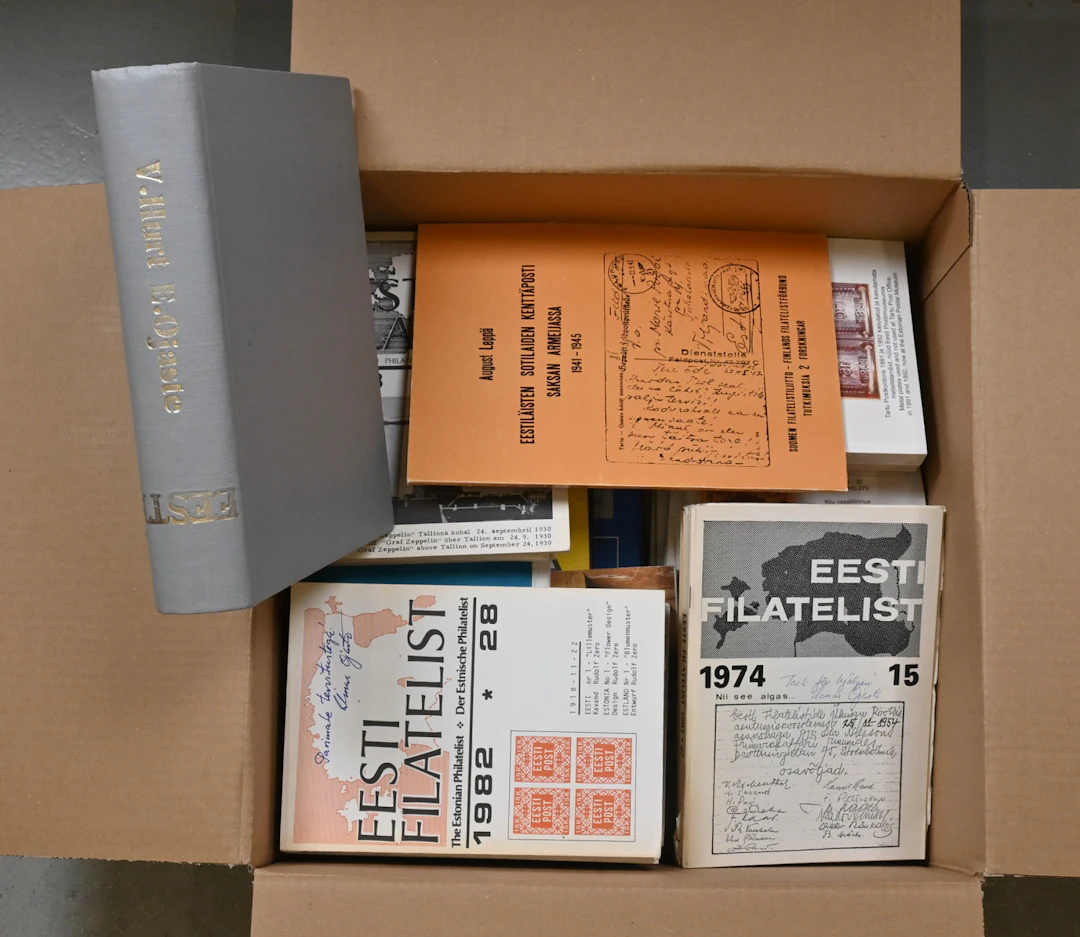 Works related to Estonian stamps, coins and postcards 10 pieces, eg.