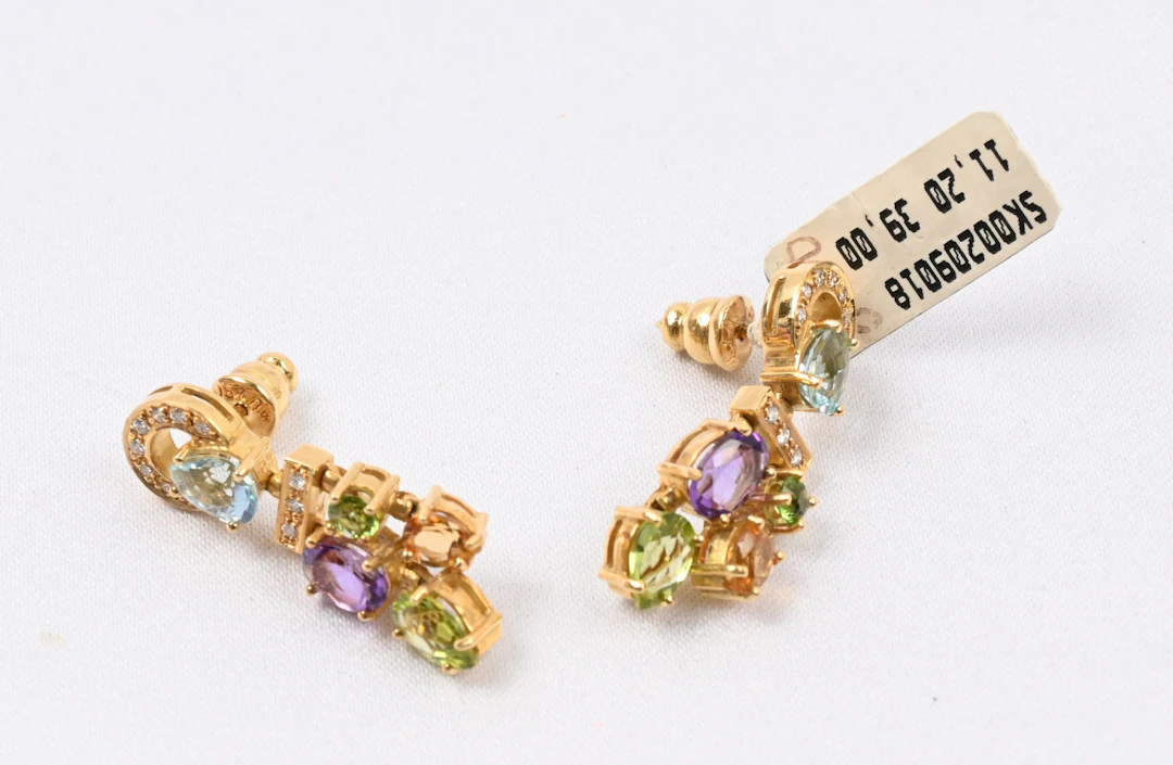 Diamond and colorful stones earrings, gold (750). Gross weight approximately