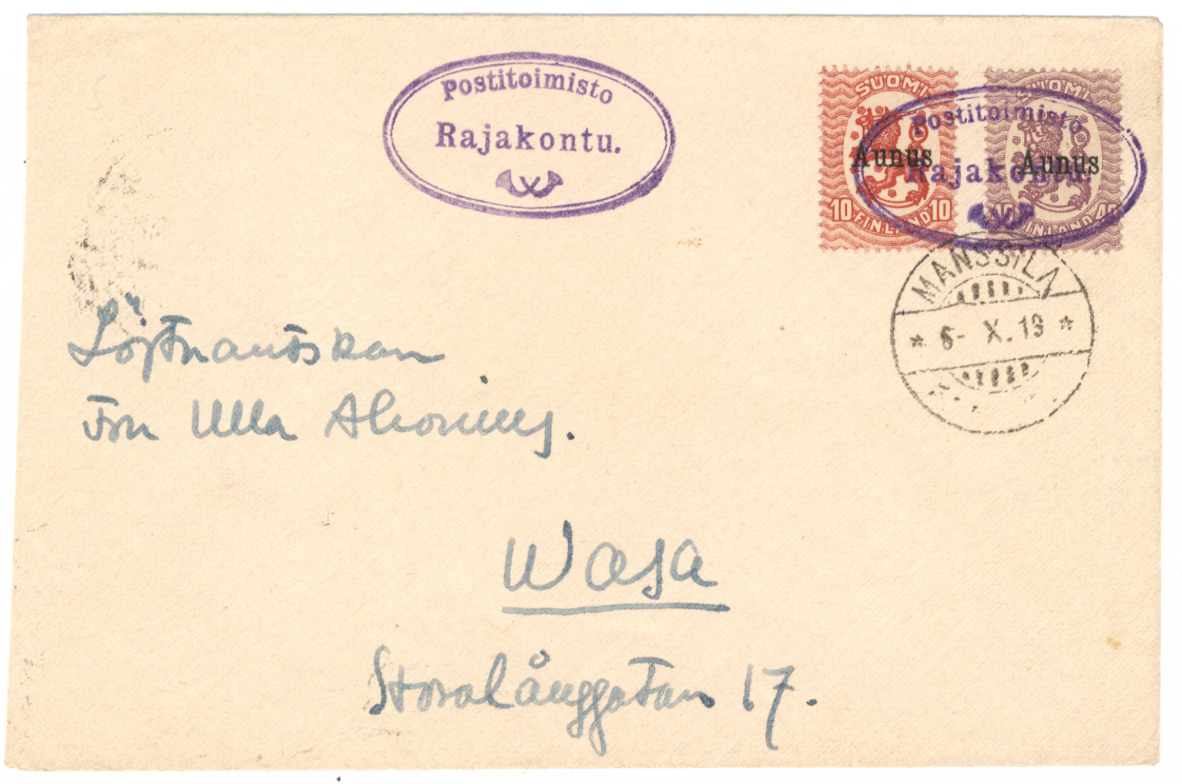 10 penni and 40 penni on a cover, cancellations of Postitoimisto Rajakontu