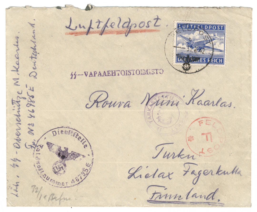 SS volunteer mail: letter with a Luftfeldpost stamp to Finland, Feldpost