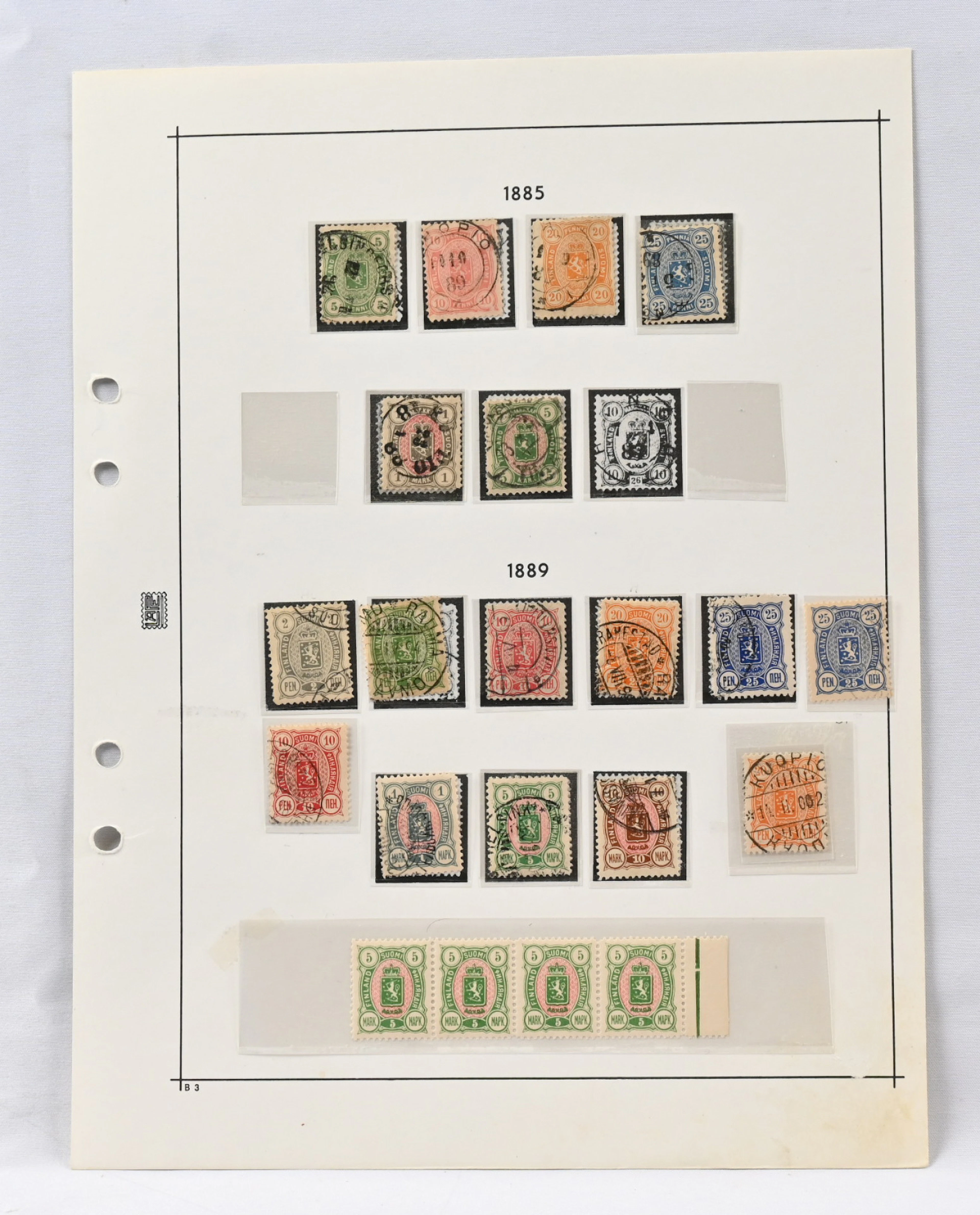 1885 - 89 selection of pages, eg. issue 1885 5 markka and issue 1889