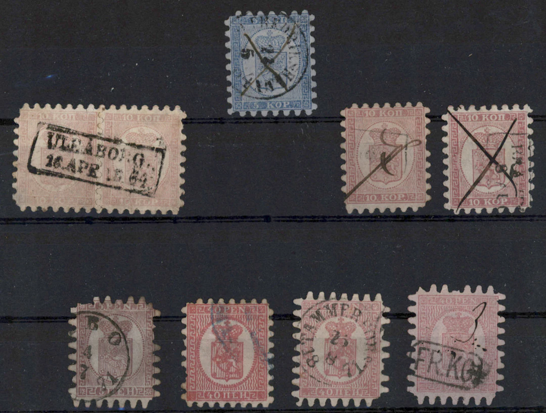 1860 - 1866 small stamp lot on stockcard, eg. 10 kopek pair Uleåborg
