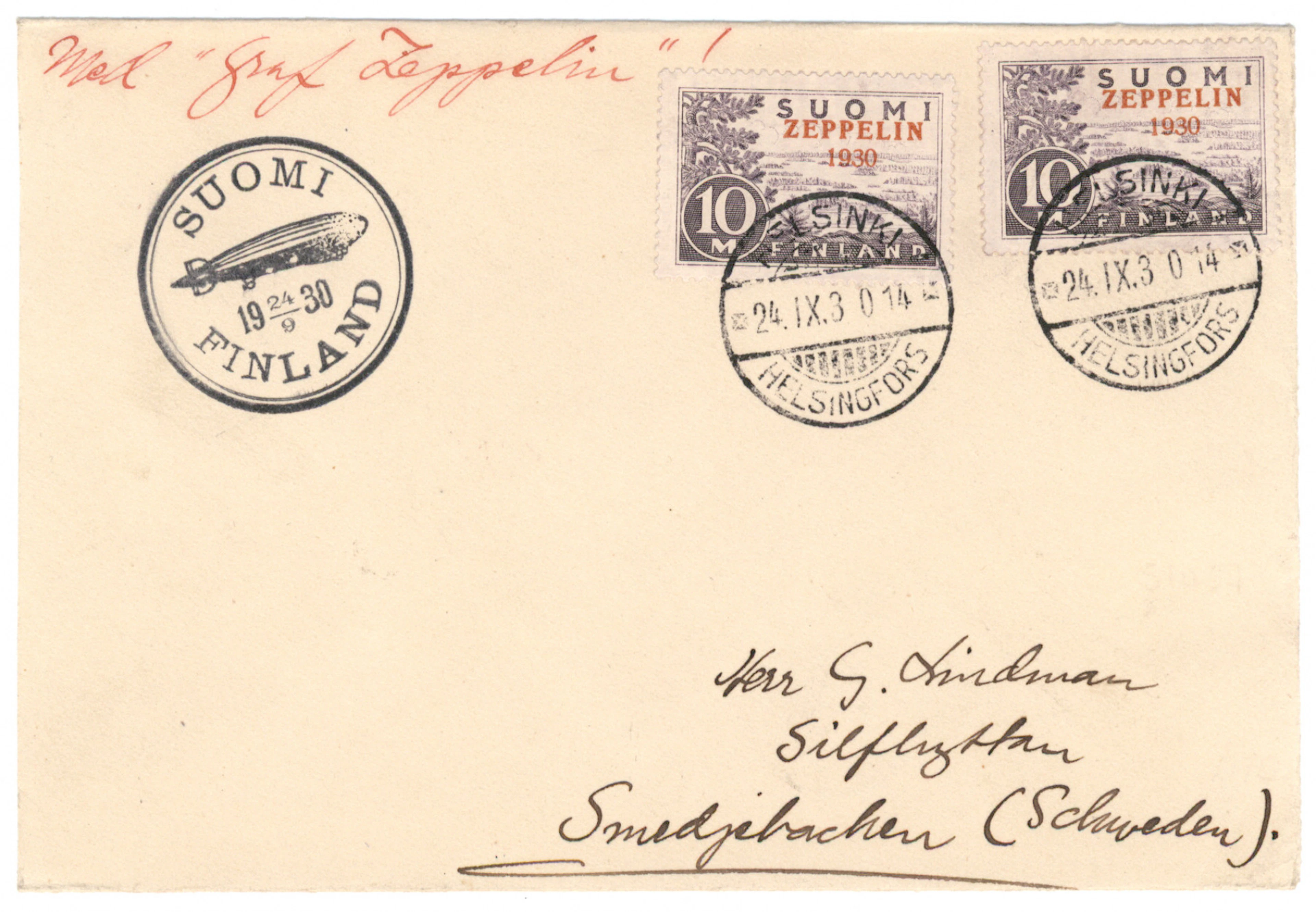 Zeppelin two stamps on a cover to Sweden, beautiful Helsinki 1930.
