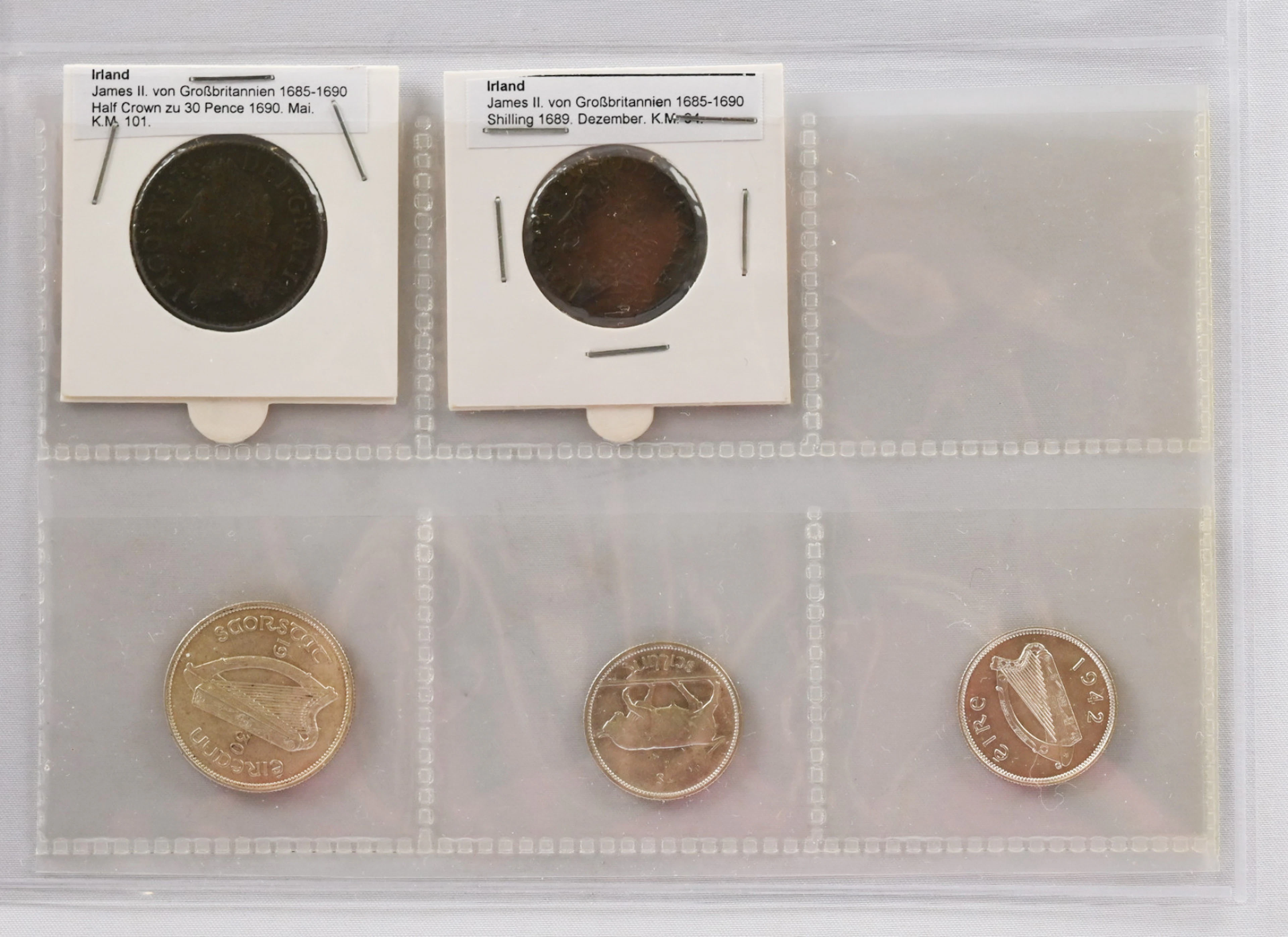 Ireland 1689 Shilling and 1870 ½ Crown brass as well as 1930 Florin