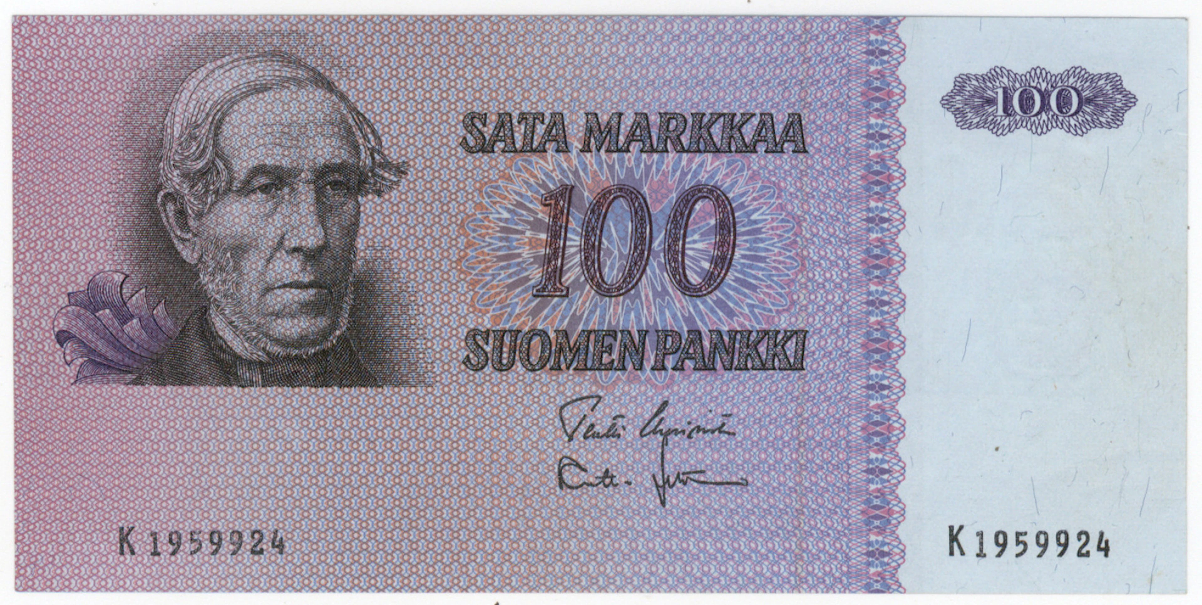 1976 100 markka missing printing! Fine variety!