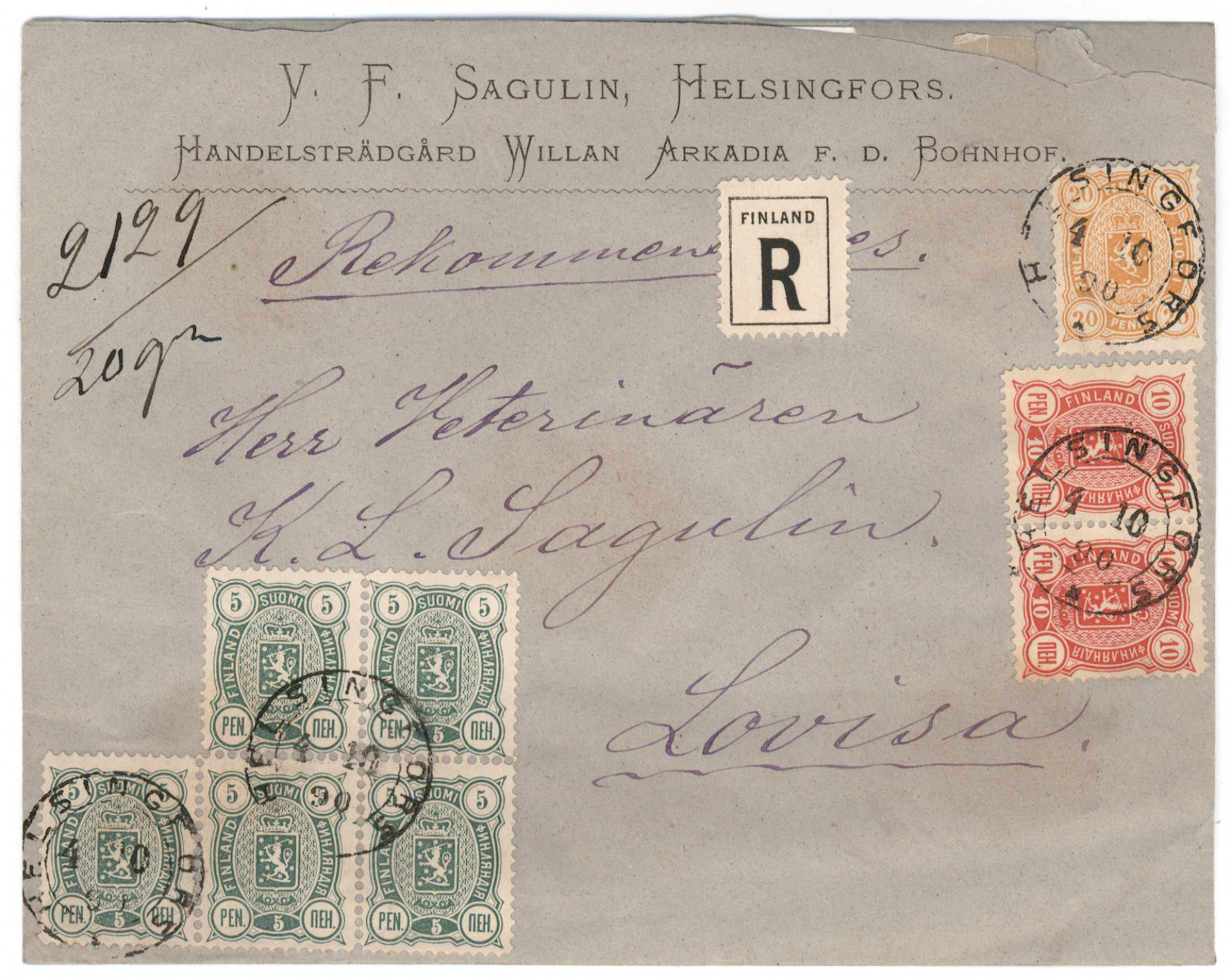 10 penni aniline-red pair and 5 penni bluish green block of five as