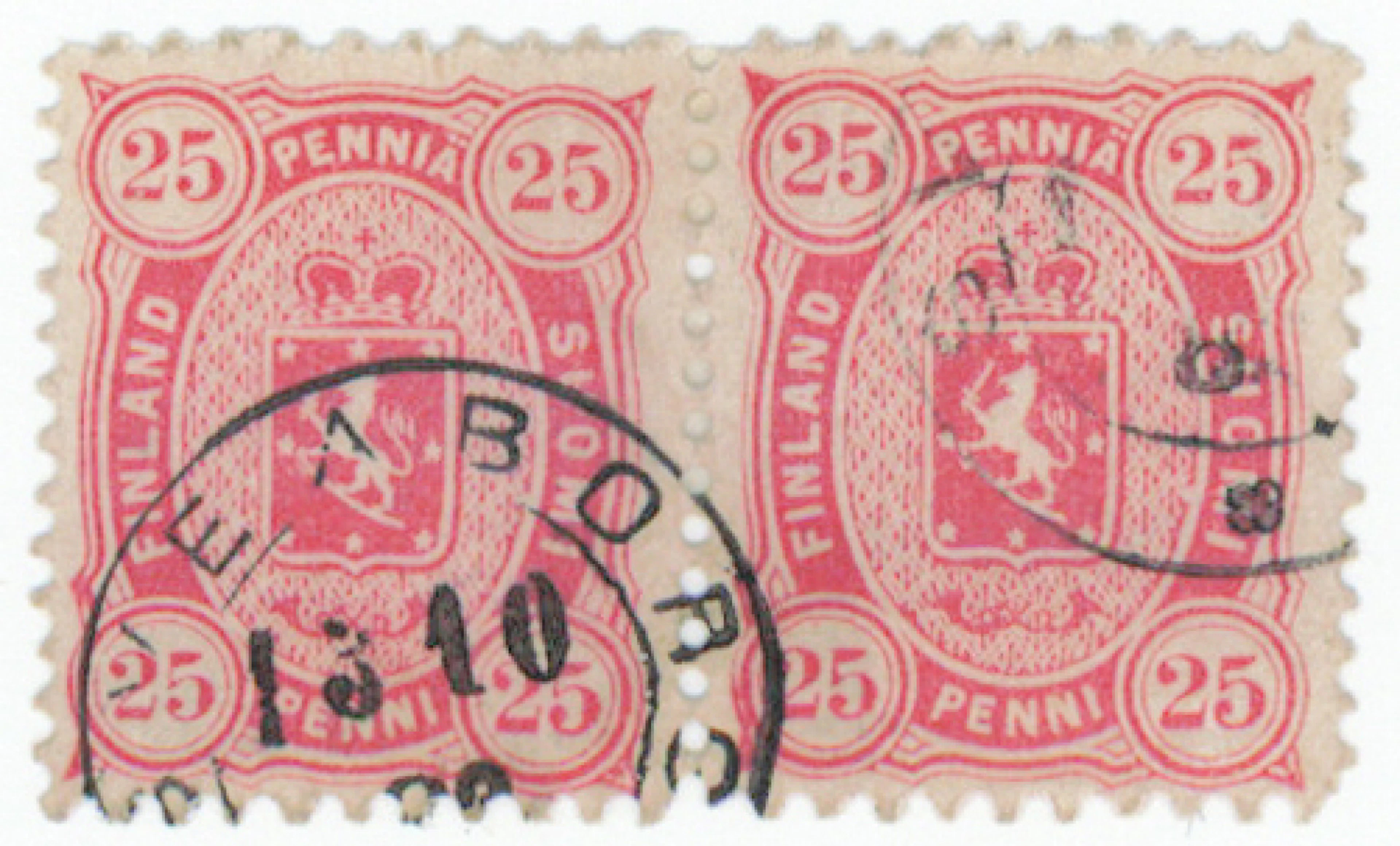 25 penni strong aniline-red, perforation 11 x 12½ pair, beautiful